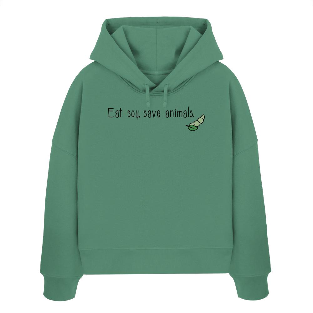 Vegan und Bio Crop Hoodie mit grünem Blatt- und Bohnenlogo, aus 100% Bio-Baumwolle, regulärer Schnitt, doppellagige Kapuze, flache Kordel.