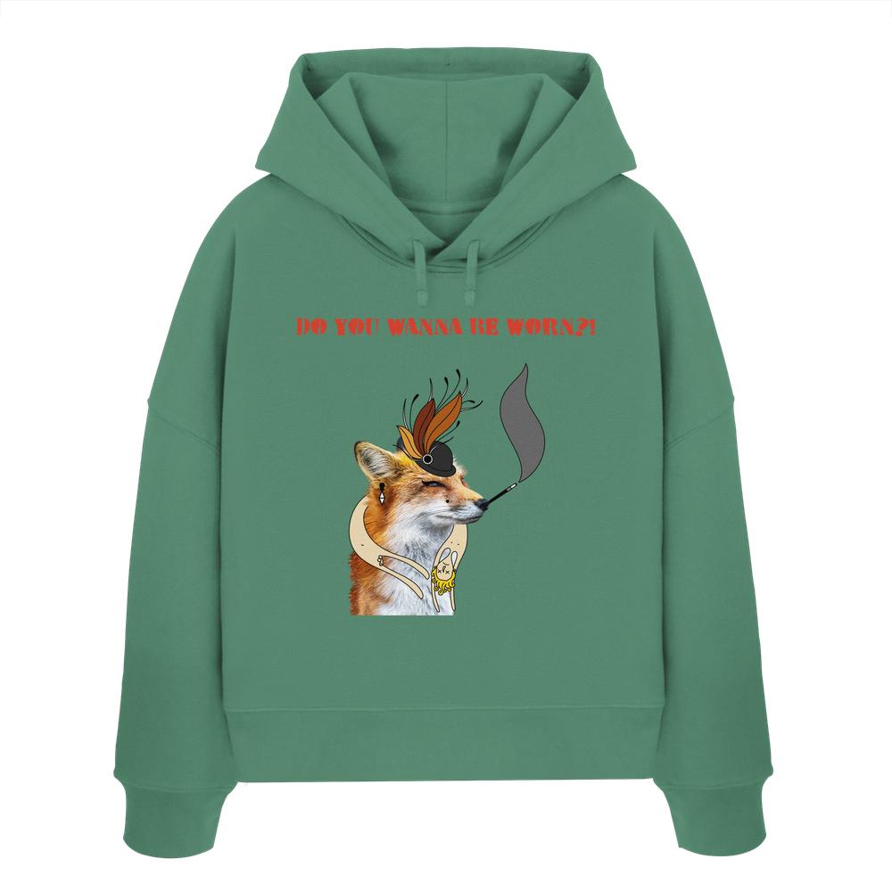 Vegan und Bio Crop Hoodie: Mrs. Fox demonstriert gegen Pelz! zeigt Fuchs mit Hut-Motiv, aus 100% Bio-Baumwolle, rebellisches Design für Tierrechte.