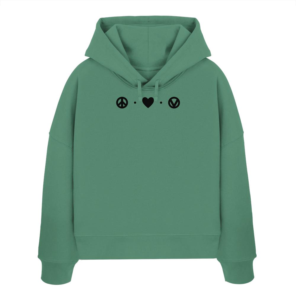 Vegan und Bio Crop Hoodie: Peace - Love - Veganism, grünes Sweatshirt mit Friedenssymbol, Kapuze, 100% Bio-Baumwolle, rebellisches Design von RUDE REBEL.