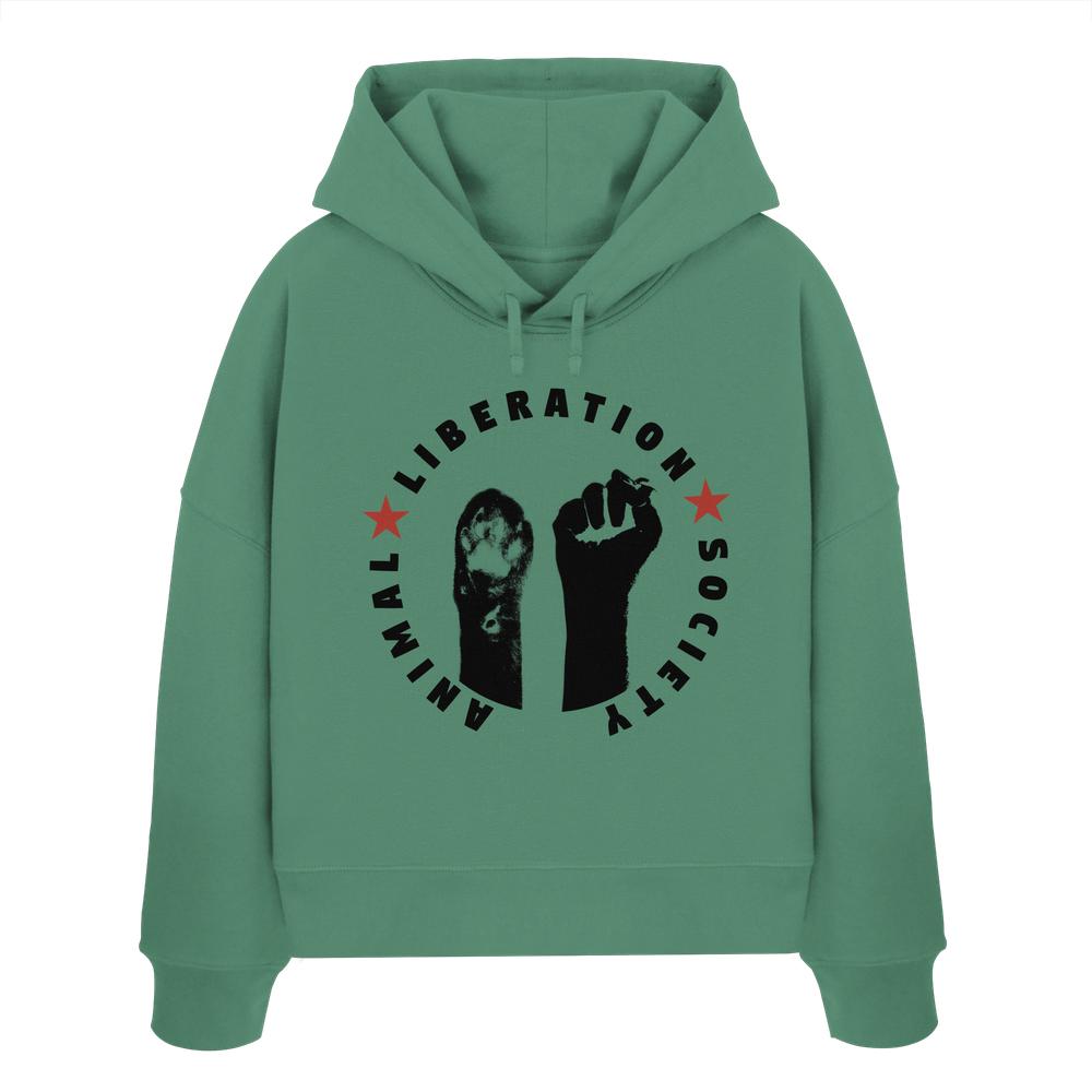 Vegan und Bio Crop Hoodie mit schwarzem Logo und rotem Stern, zeigt eine Katze und symbolisiert den Kampf für Tierbefreiung. Nachhaltig aus 100% Bio-Baumwolle.