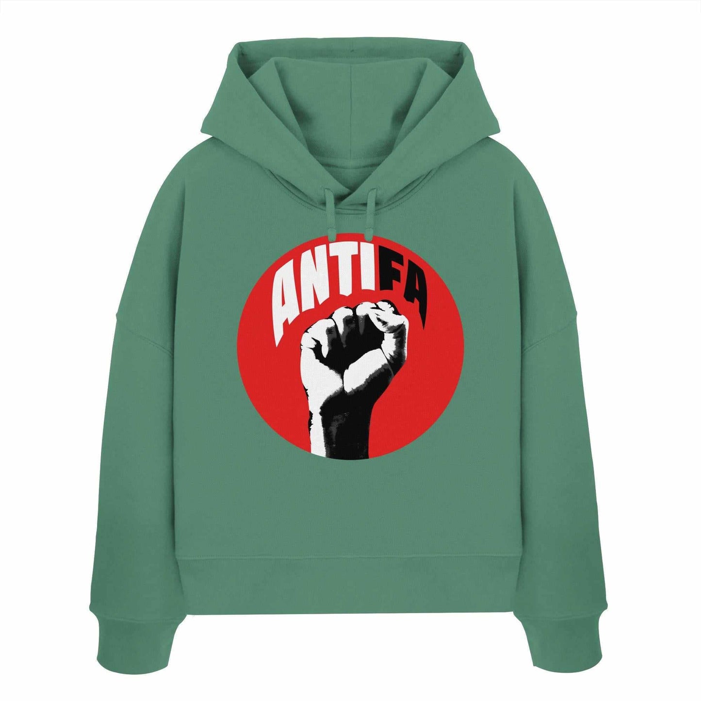 Vegan und Bio Crop Hoodie: Antifa - Kampf gegen Rechts, grüner Hoodie mit rotem Kreis und erhobener Faust, aus 100% Bio-Baumwolle, rebellisches Design von RUDE REBEL.