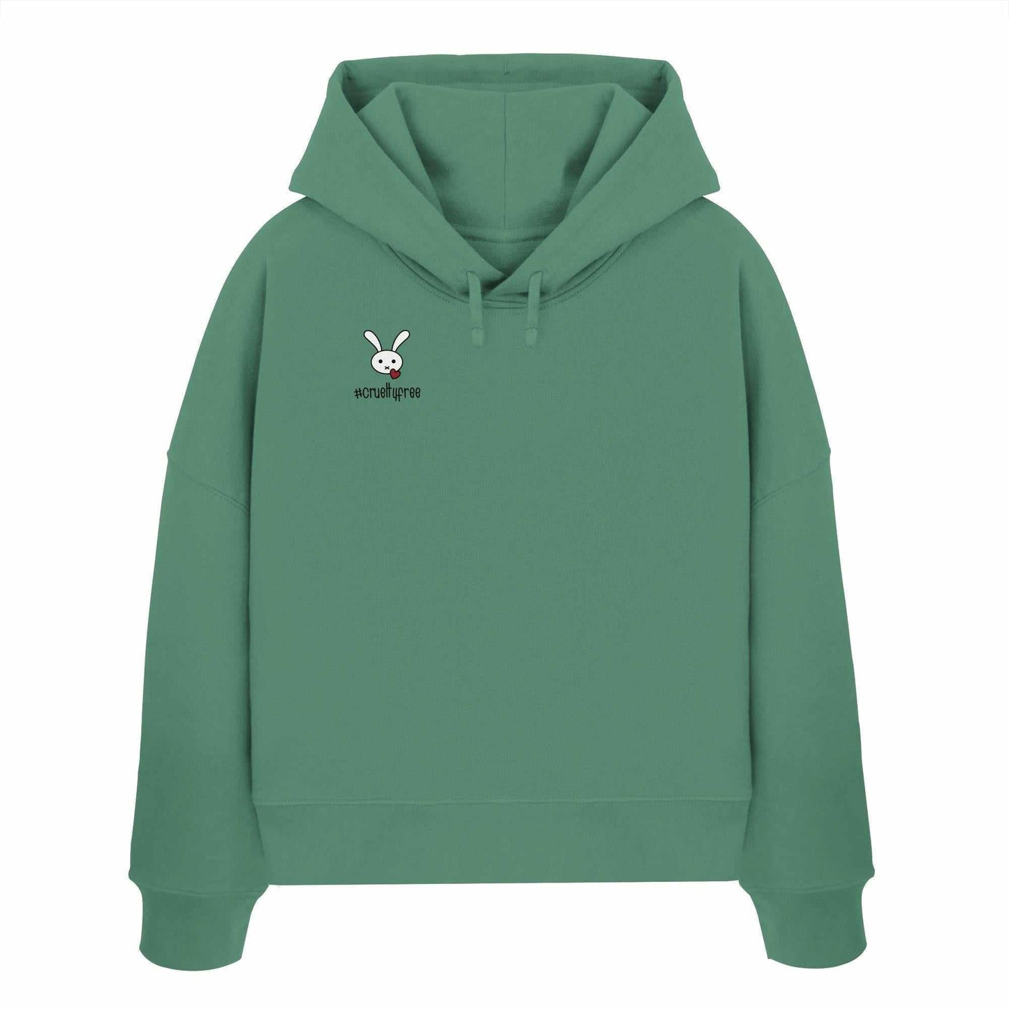 Vegan und Bio Crop Hoodie: Crueltyfree Bunny, grüner Hoodie mit weißem Kaninchenmotiv, doppellagige Kapuze, Bio-Baumwolle, rebellisches Design von RUDE REBEL.