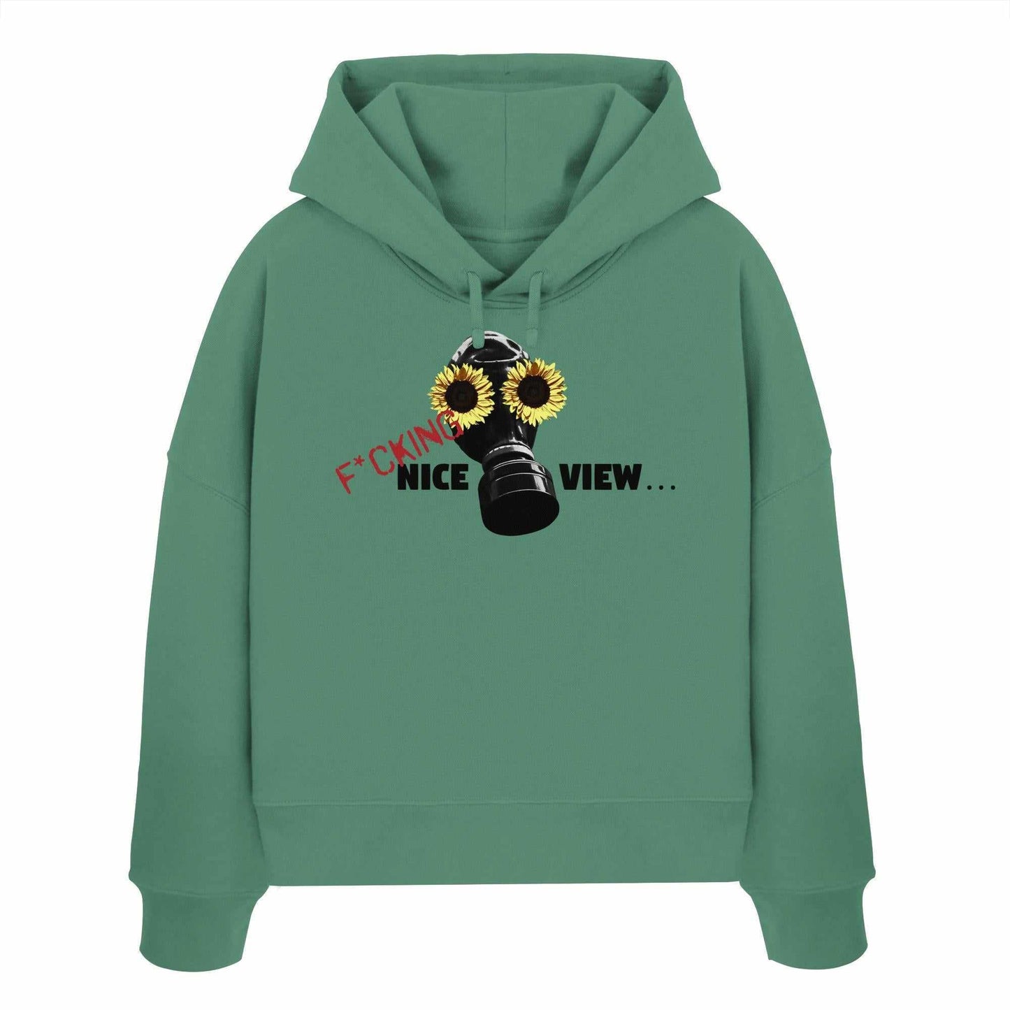 Veganer Bio Crop Hoodie mit Gasmaske und Sonnenblumen-Design. 100% Bio-Baumwolle, reguläre Passform, doppellagige Kapuze. Symbolisiert dystopische Zukunft mit rebellischem Touch.
