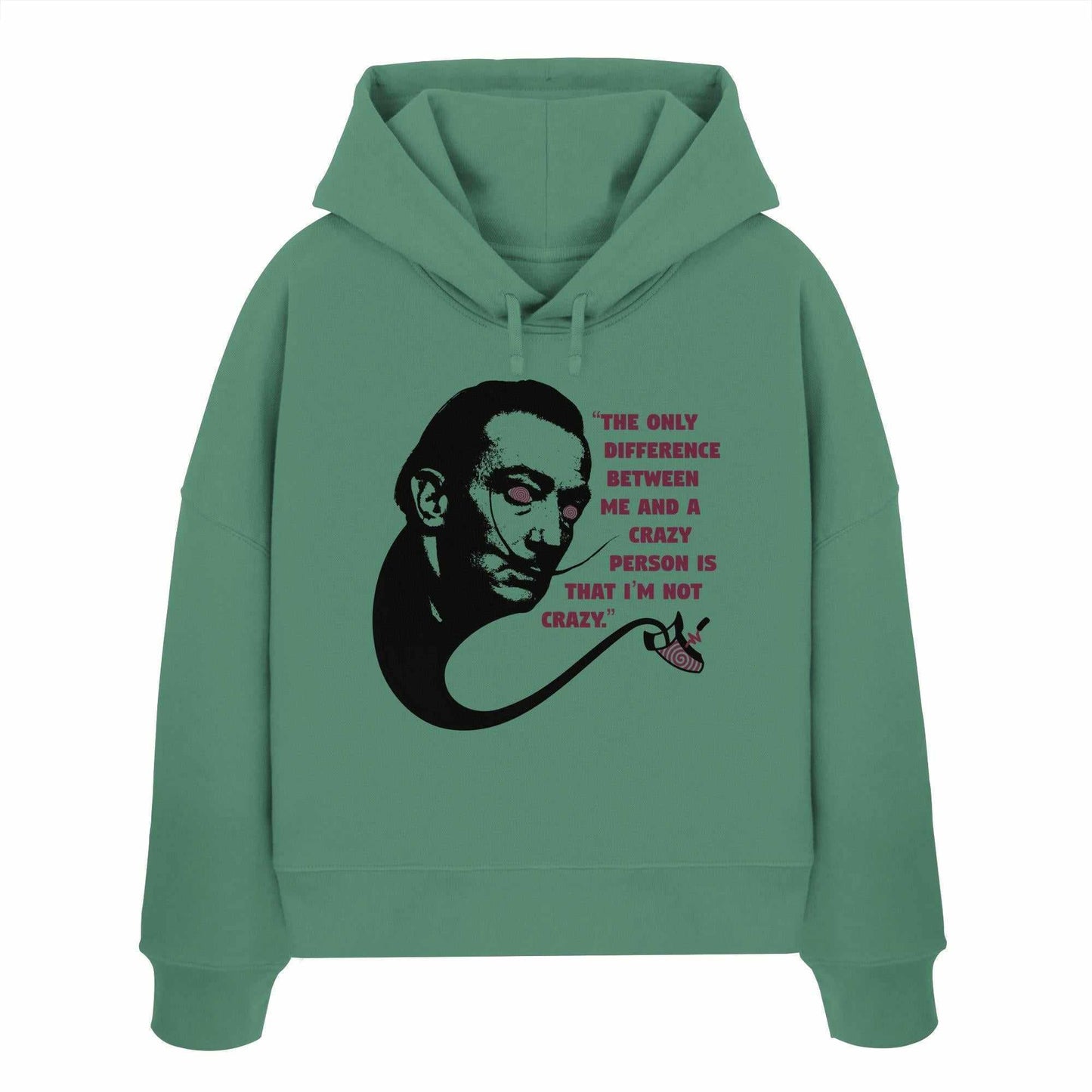 Vegan und Bio Crop Hoodie: Crazy Dali mit surrealistischem Gesichtsmotiv, 100% Bio-Baumwolle, reguläre Passform, doppellagige Kapuze, flache Kordel, rebellisches Design von RUDE REBEL.