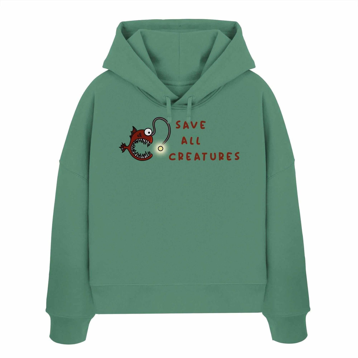Vegan und Bio Crop Hoodie: Weird Frogfish mit Cartoon-Anglerfisch und Haken, aus 100% Bio-Baumwolle, doppellagige Kapuze, Regular Fit.
