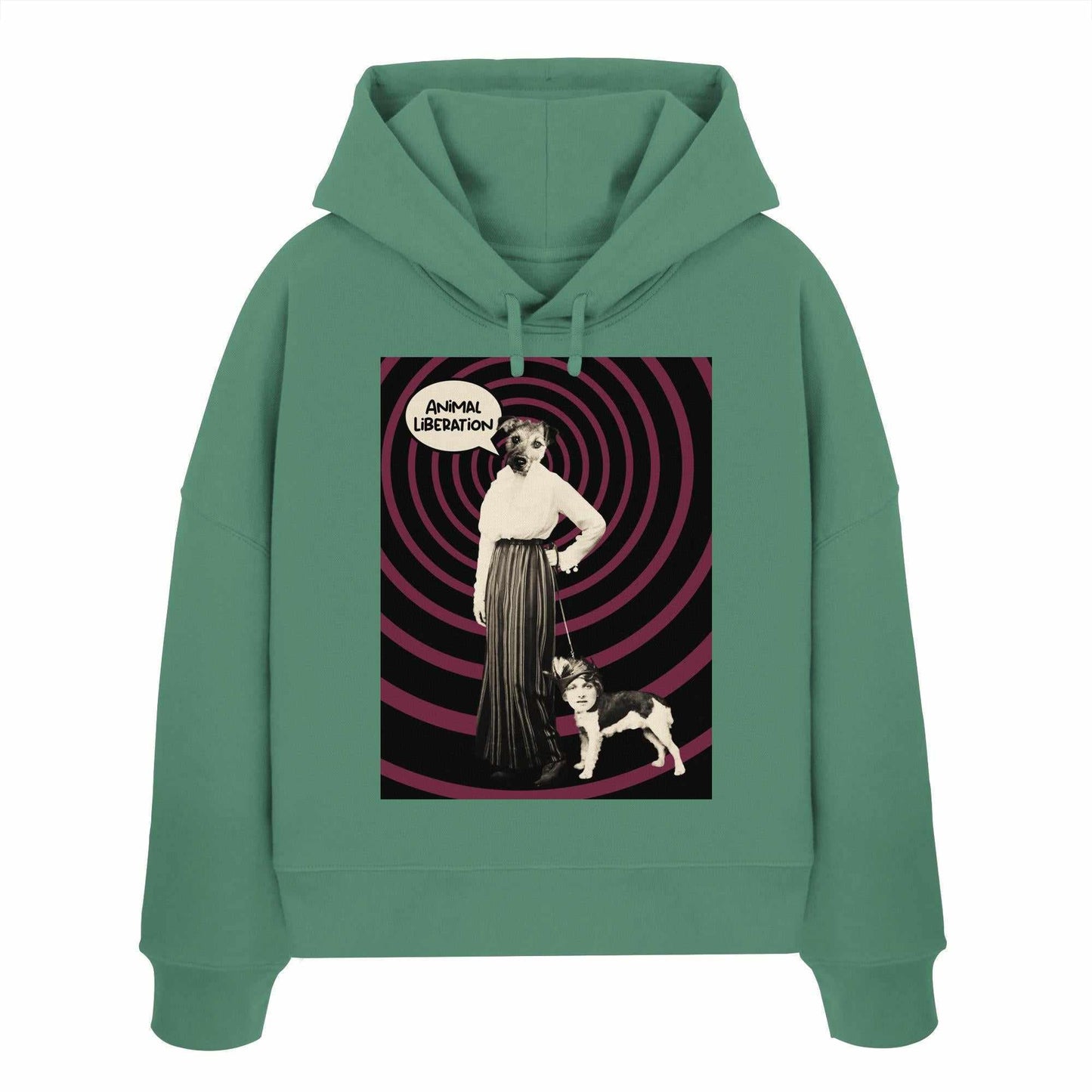 Vegan und Bio Crop Hoodie mit digitaler Collage einer Frau und einem Hund, inspiriert von Tierrechten; aus 100% Bio-Baumwolle, Regular Fit.