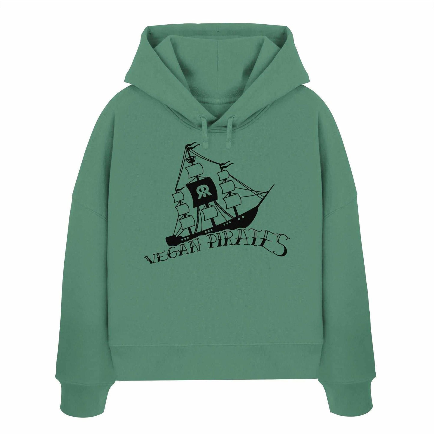 Vegan und Bio Crop Hoodie: Vegan Pirates mit Piratenschiff-Motiv, aus 100% Bio-Baumwolle, doppellagige Kapuze, ideal für vegane und nachhaltige Mode.