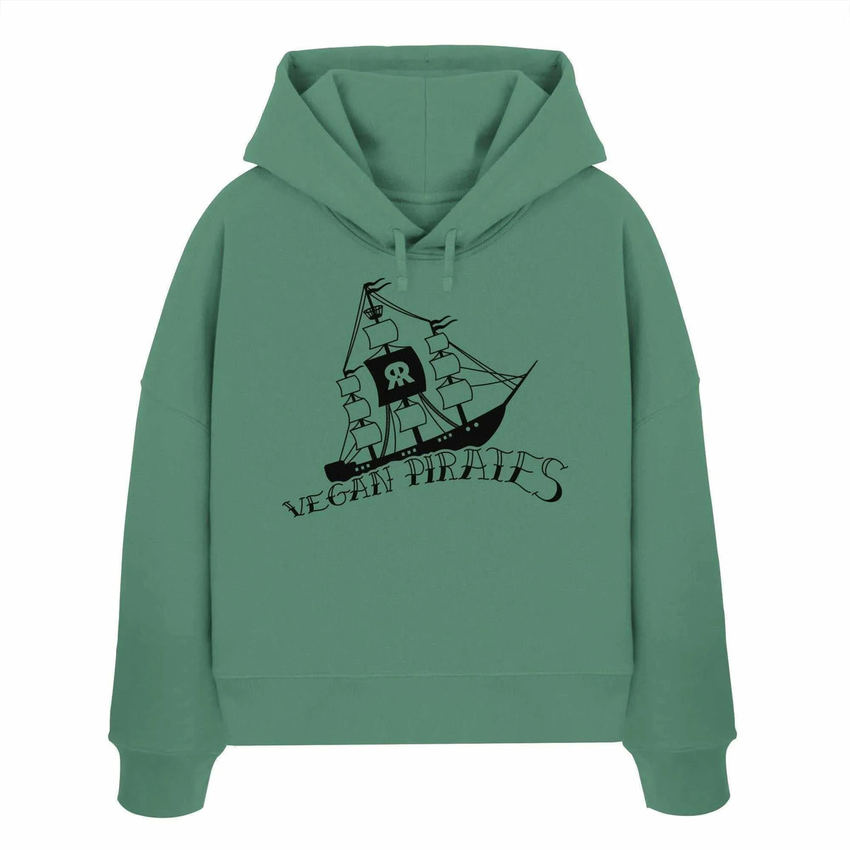 Veganes Bio-Crop-Hoodie mit Kapuze und Kordelzug, Frontprint Piratenschiff, grüner