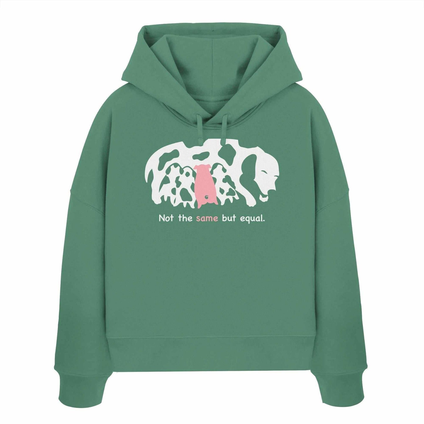 Vegan und Bio Crop Hoodie: Animal equality mit Hund und Ferkel-Motiv, 100% Bio-Baumwolle, zeigt Tierliebe und Schutz.