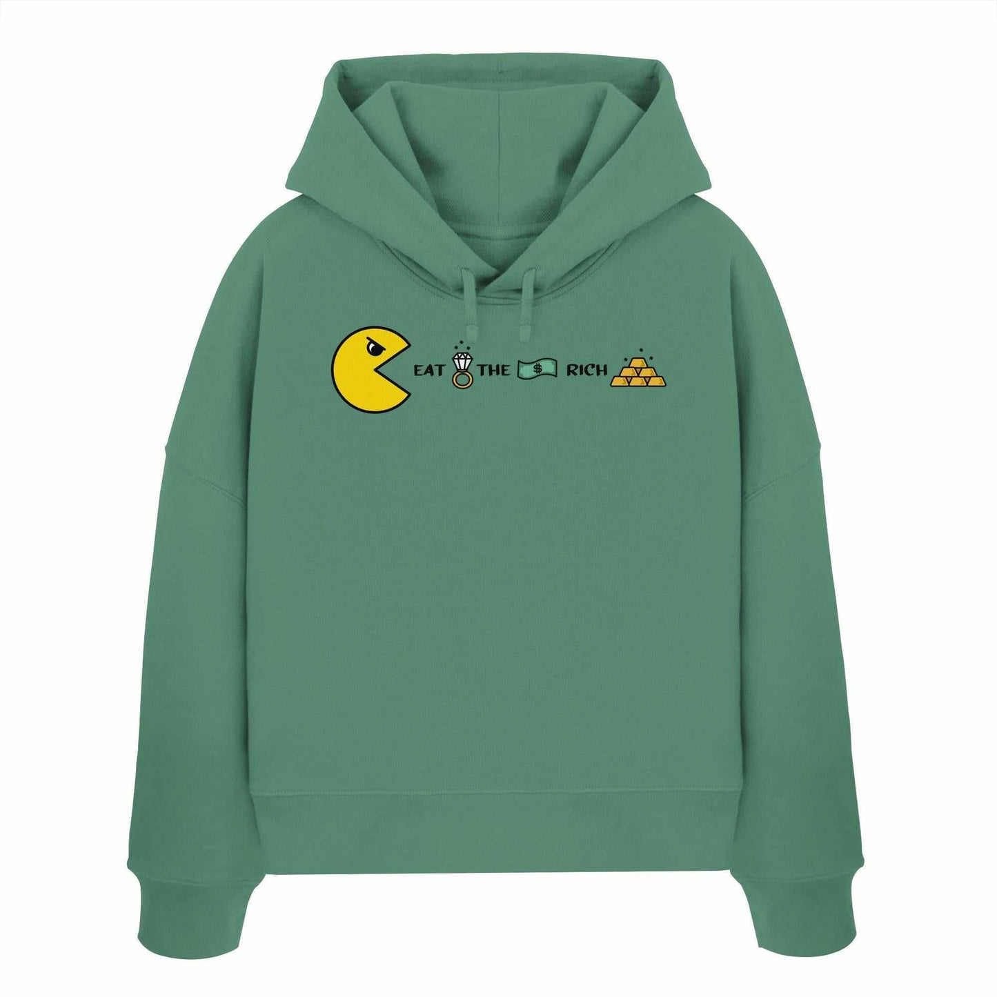 Vegan und Bio Crop Hoodie: PAC-MAN - Eat the rich, grüner Hoodie mit Cartoon-Design, doppellagiger Kapuze, 100% Bio-Baumwolle, rebellisches Statement zur Vermögensverteilung.