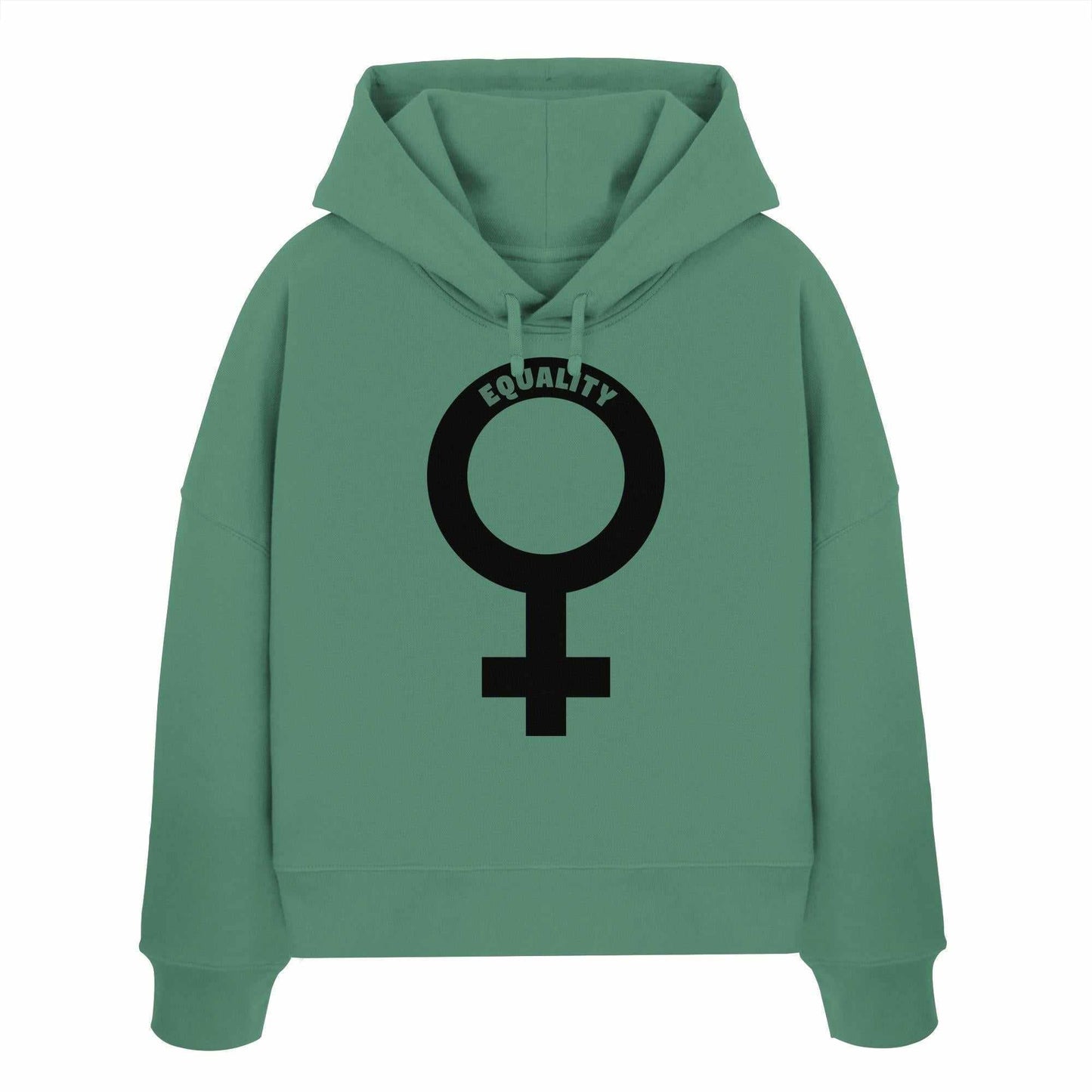Vegan und Bio Crop Hoodie mit Venussymbol, grüner Hoodie aus 100% Bio-Baumwolle, doppellagige Kapuze, feministische Botschaft von RUDE REBEL.
