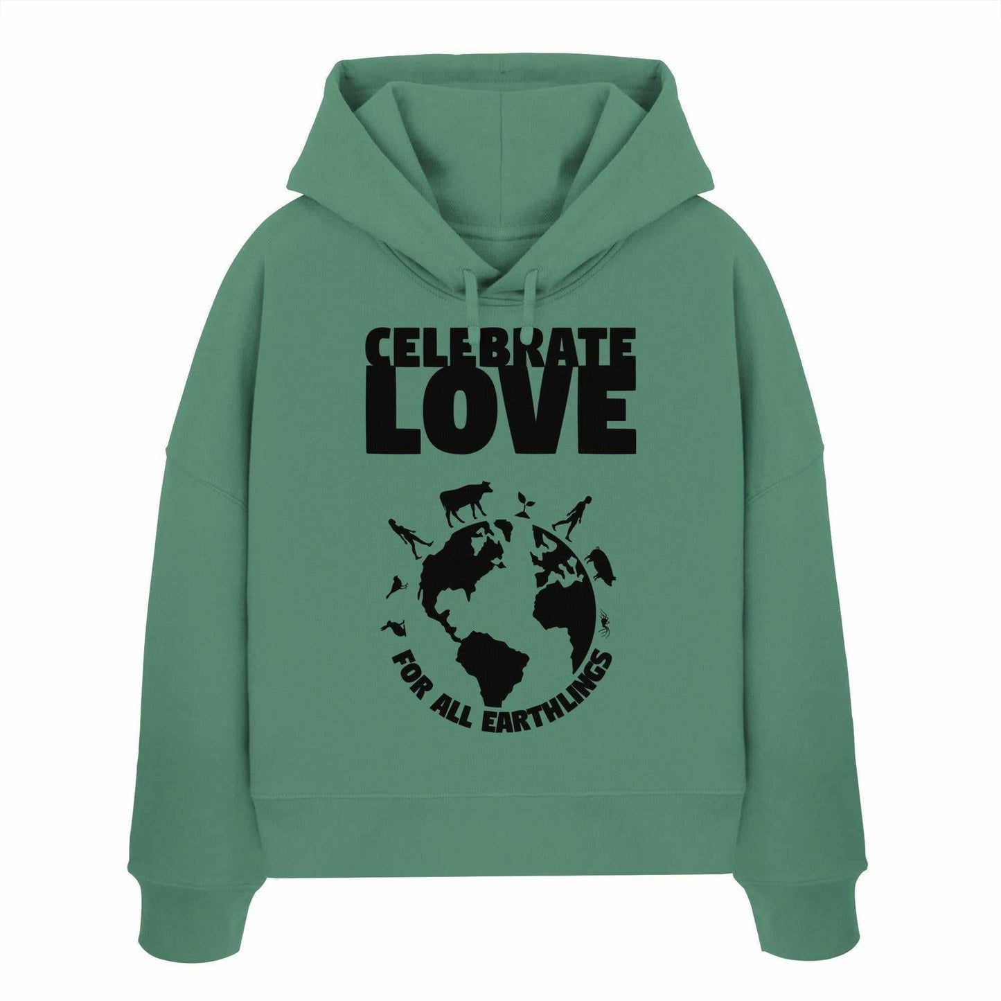 Vegan und Bio Crop Hoodie mit Grafikdesign, feiert Veganismus und Gleichheit. Hergestellt aus 100% Bio-Baumwolle mit Kapuze und abfallenden Schultern.
