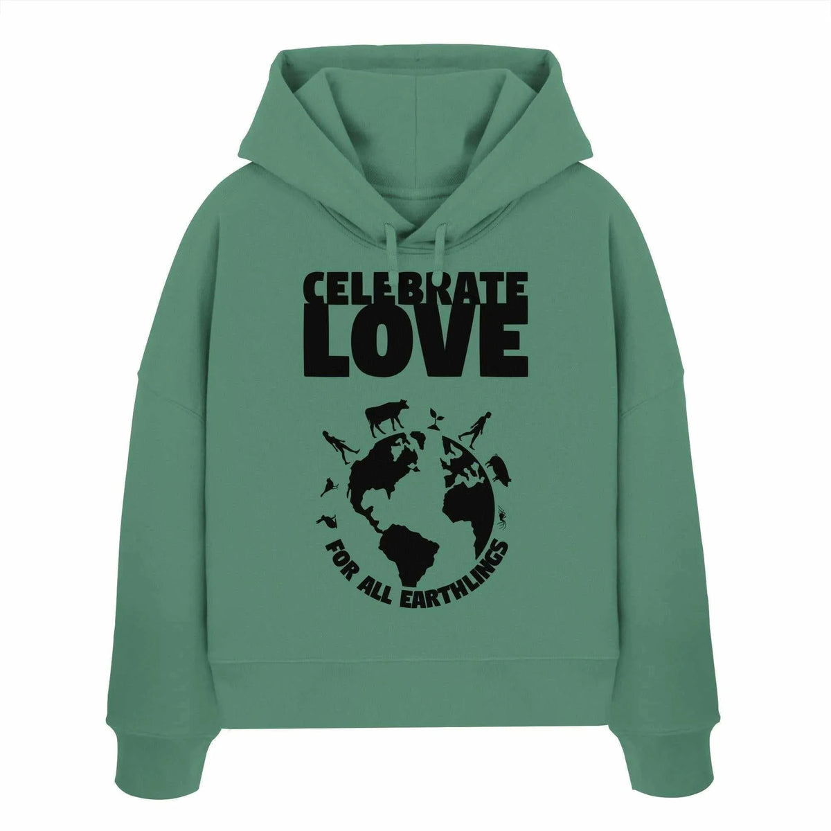 Crop-Hoodie in Grün mit Kapuze, Kordeln und großem Frontprint „Celebrate Love“.