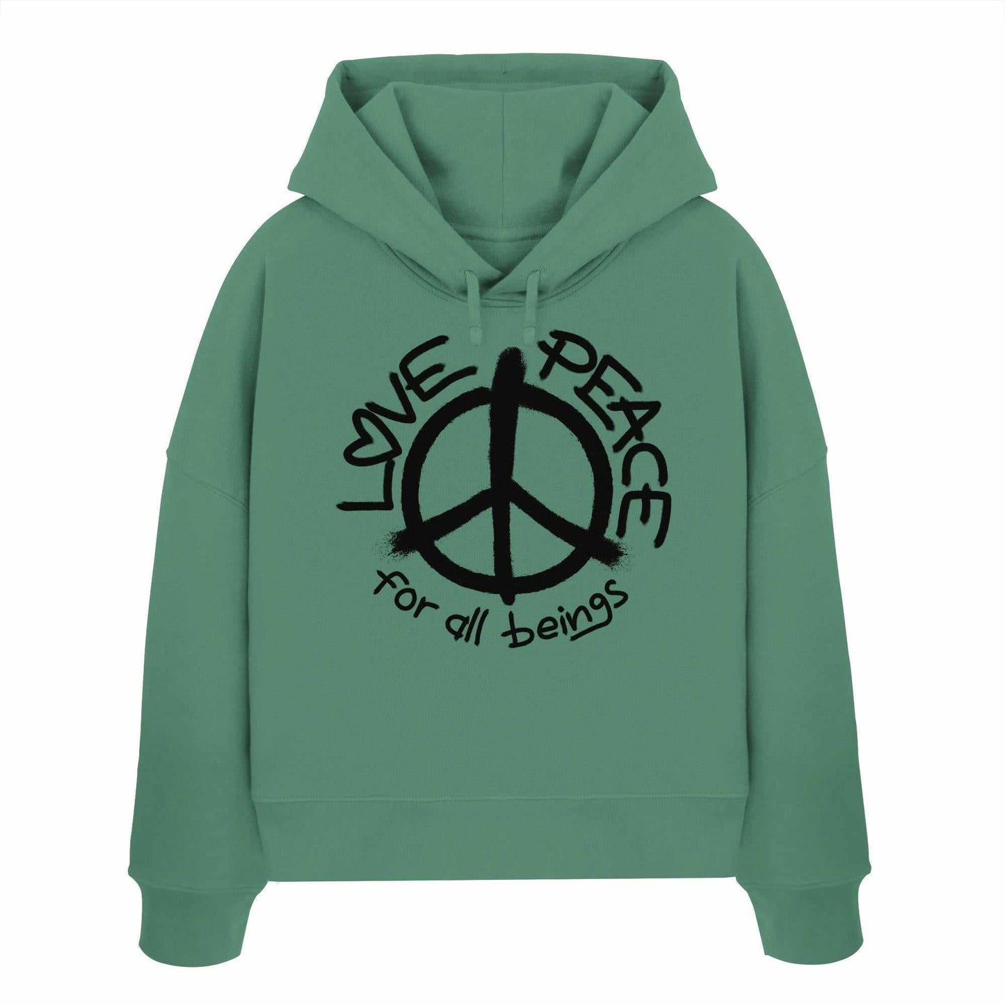 Vegan und Bio Crop Hoodie mit Friedenssymbol, aus 100% Bio-Baumwolle, vermittelt eine liebevolle Botschaft von „LOVE and PEACE for all beings“.