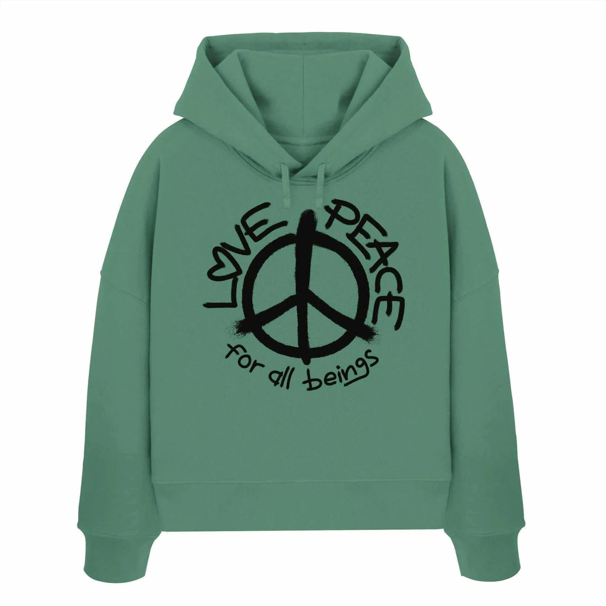 Crop-Hoodie in Grün mit Peace-Logo, Kordelzug an der Kapuze und Frontprint