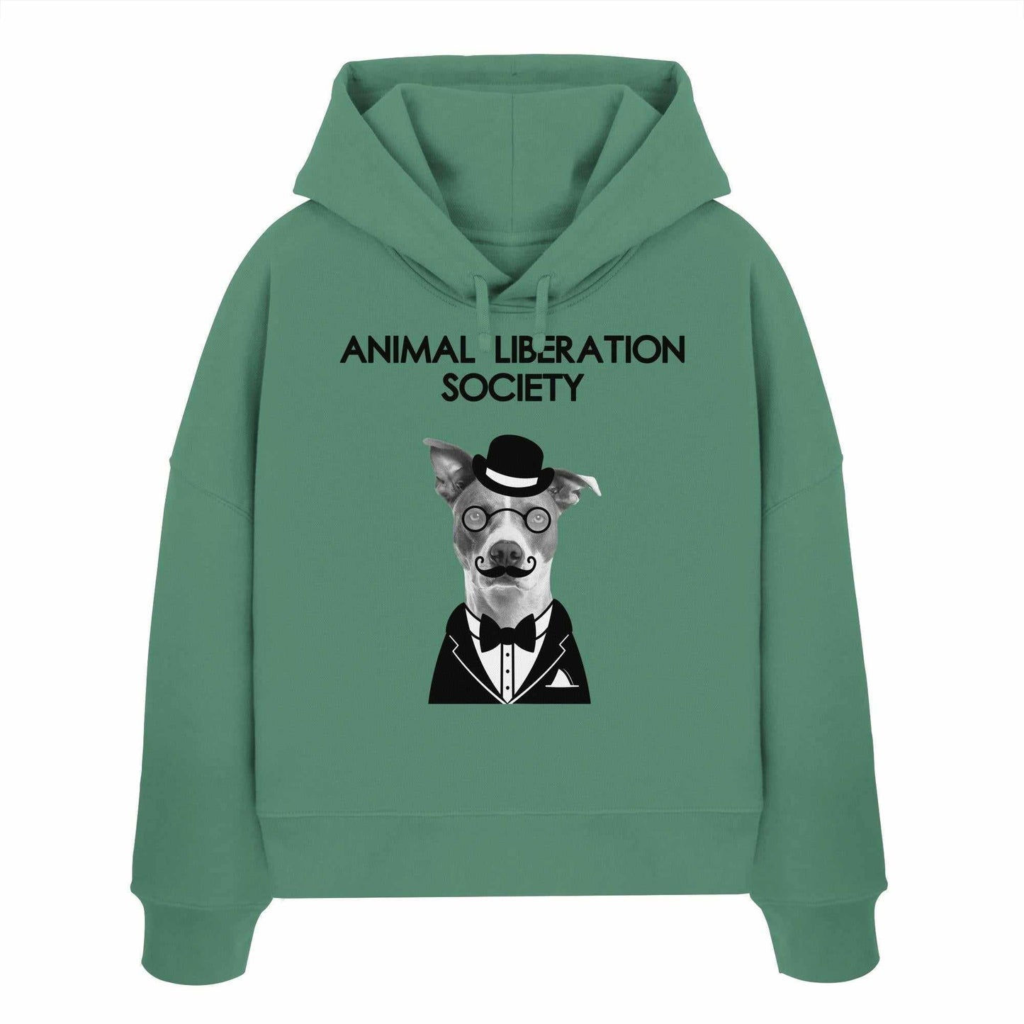 Vegan und Bio Crop Hoodie: Mr. Dog - Animal Liberation Society mit Hundemotiv, Brille, Hut und Schnurrbart, aus 100% Bio-Baumwolle, rebellisches Design von RUDE REBEL.