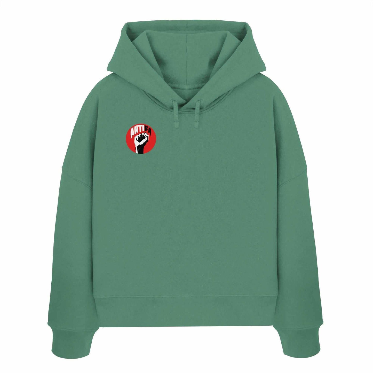 Vegan und Bio Crop Hoodie: Antifa - Gemeinsam gegen Rechts, grüner Hoodie mit schwarzem Faustlogo, symbolisiert Widerstand und Nachhaltigkeit.