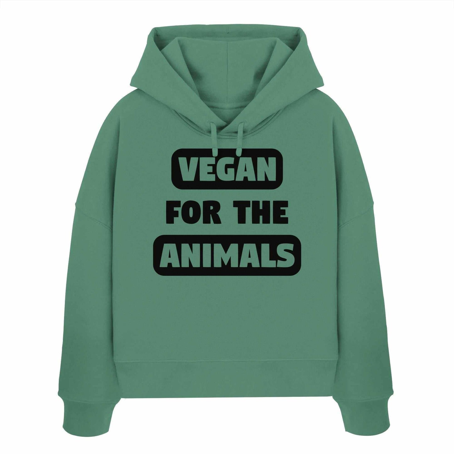 Vegan und Bio Crop Hoodie: VEGAN FOR THE ANIMALS, grüner Hoodie mit schwarzem Text, abfallende Schultern, doppellagige Kapuze, flache Kordel, aus 100% Bio-Baumwolle.
