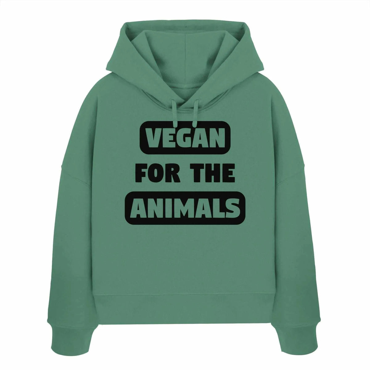 Grüner Crop-Hoodie mit Kapuze, Kordelzug und großem „VEGAN FOR THE ANIMALS“-Print