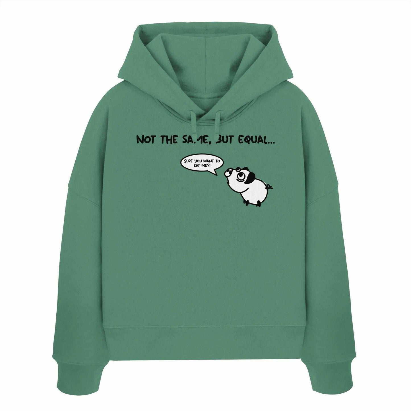 Vegan und Bio Crop Hoodie mit Cartoon-Schwein, das Hundelaute übt. Hergestellt aus 100% Bio-Baumwolle, reguläre Passform, doppellagige Kapuze.