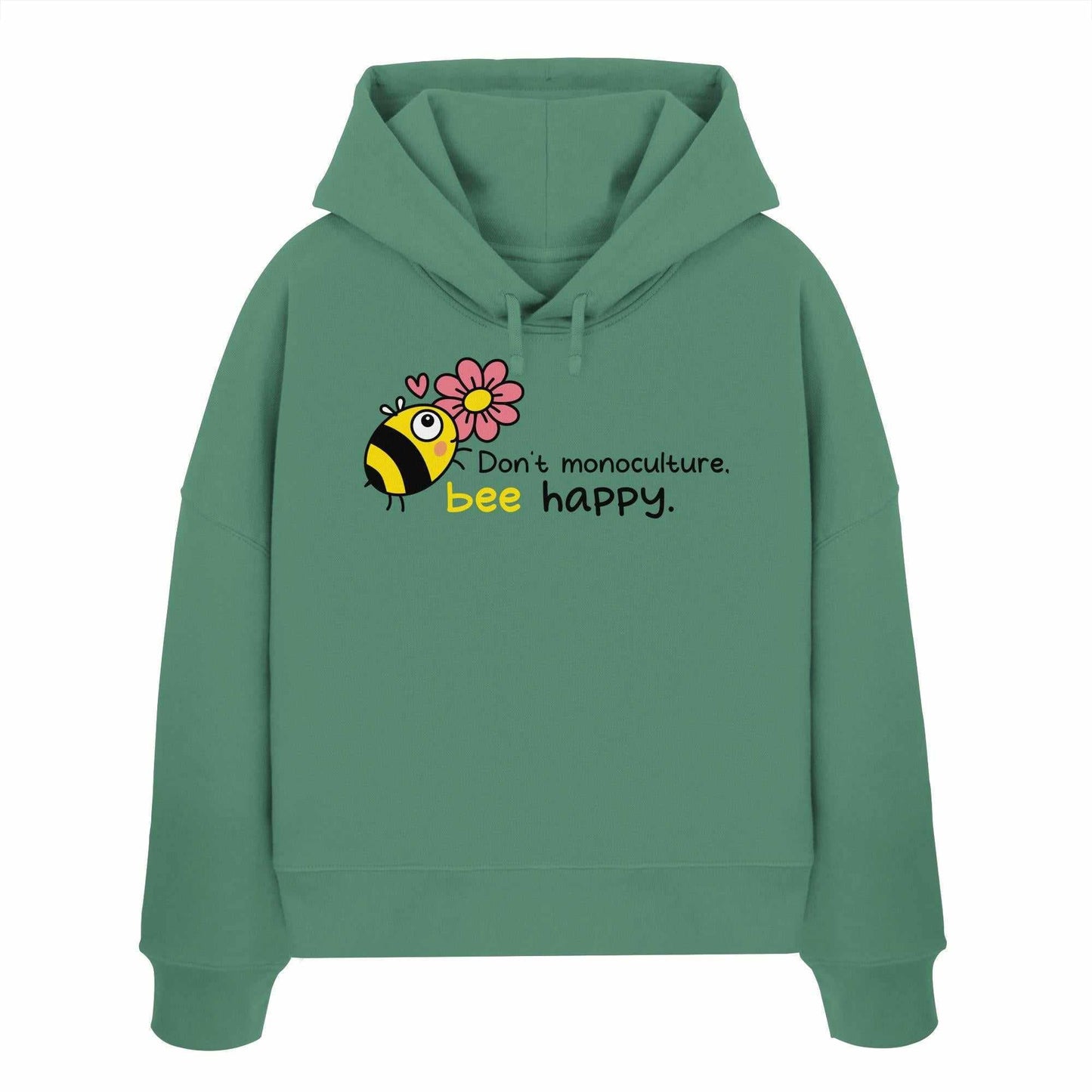 Vegan und Bio Crop Hoodie: Save the bees, grüner Hoodie mit Bienen- und Blumenmotiv, aus 100% Bio-Baumwolle, reguläre Passform, doppellagige Kapuze.