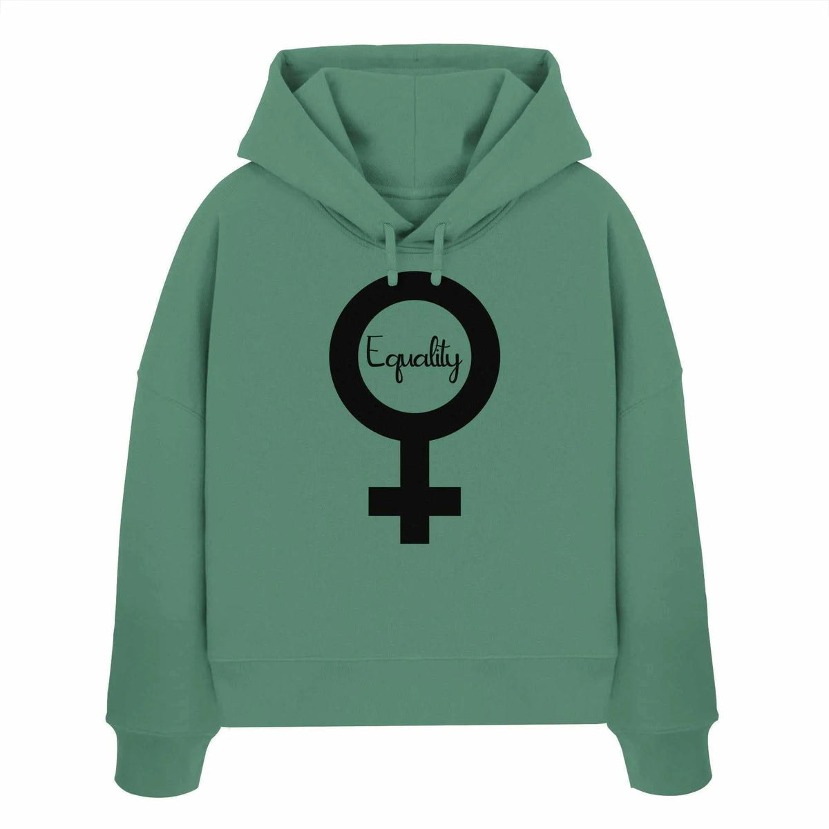 Crop-Hoodie in Grün mit Kapuze und Kordel; großer Equality-Symbol-Druck vorn
