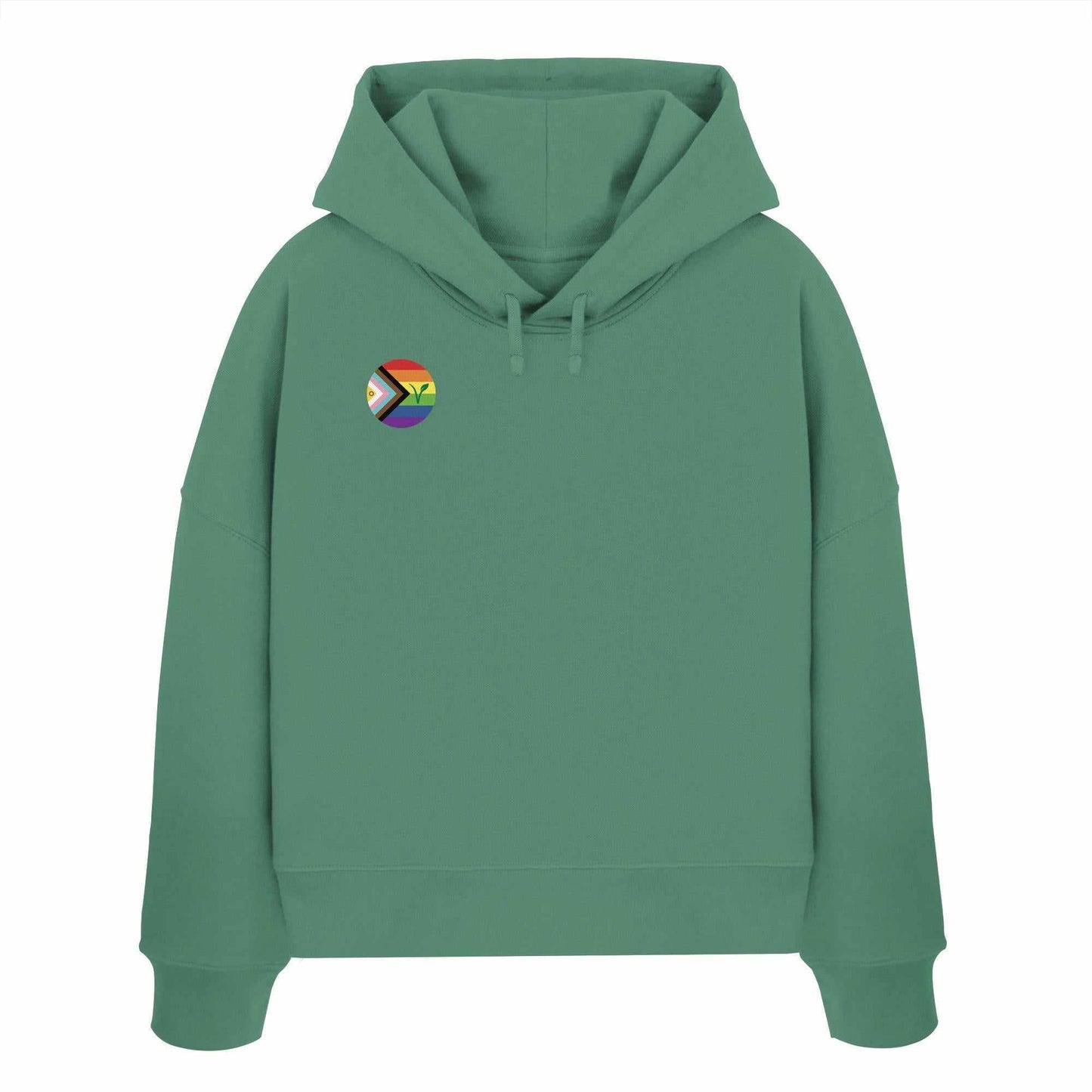 Vegan und Bio Crop Hoodie: LGBTQIA+ VEGANe, grüner Sweatshirt mit Regenbogen-Logo und Kapuze, aus 100% Bio-Baumwolle, symbolisiert Freiheit und Tierrechte.