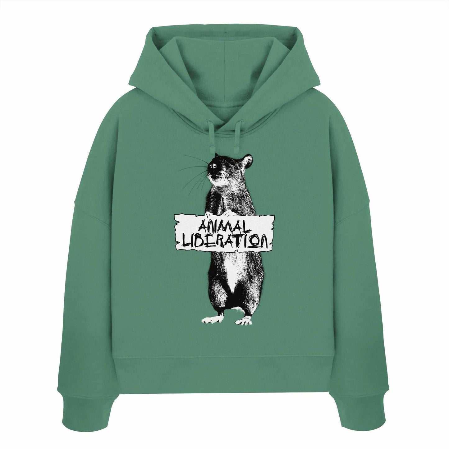 Vegan und Bio Crop Hoodie: Rat for Animal Liberation mit Banksy-inspirierter Collage eines Nagetiers, 100% Bio-Baumwolle, regulär geschnitten mit doppellagiger Kapuze.