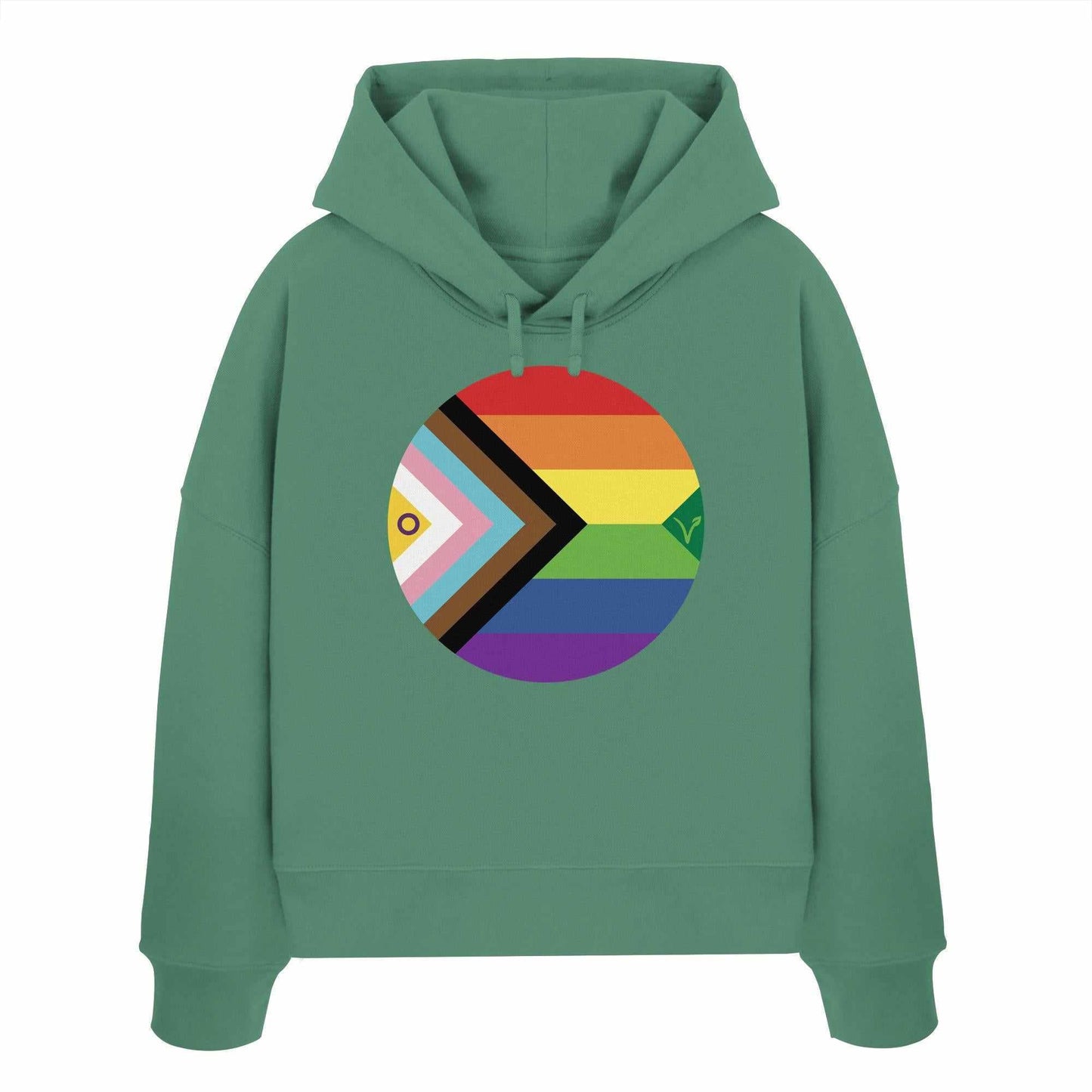 Vegan und Bio Crop Hoodie mit Regenbogenkreis und erweitertem Veganismus-V, aus 100% Bio-Baumwolle, doppellagige Kapuze, von RUDE REBEL.