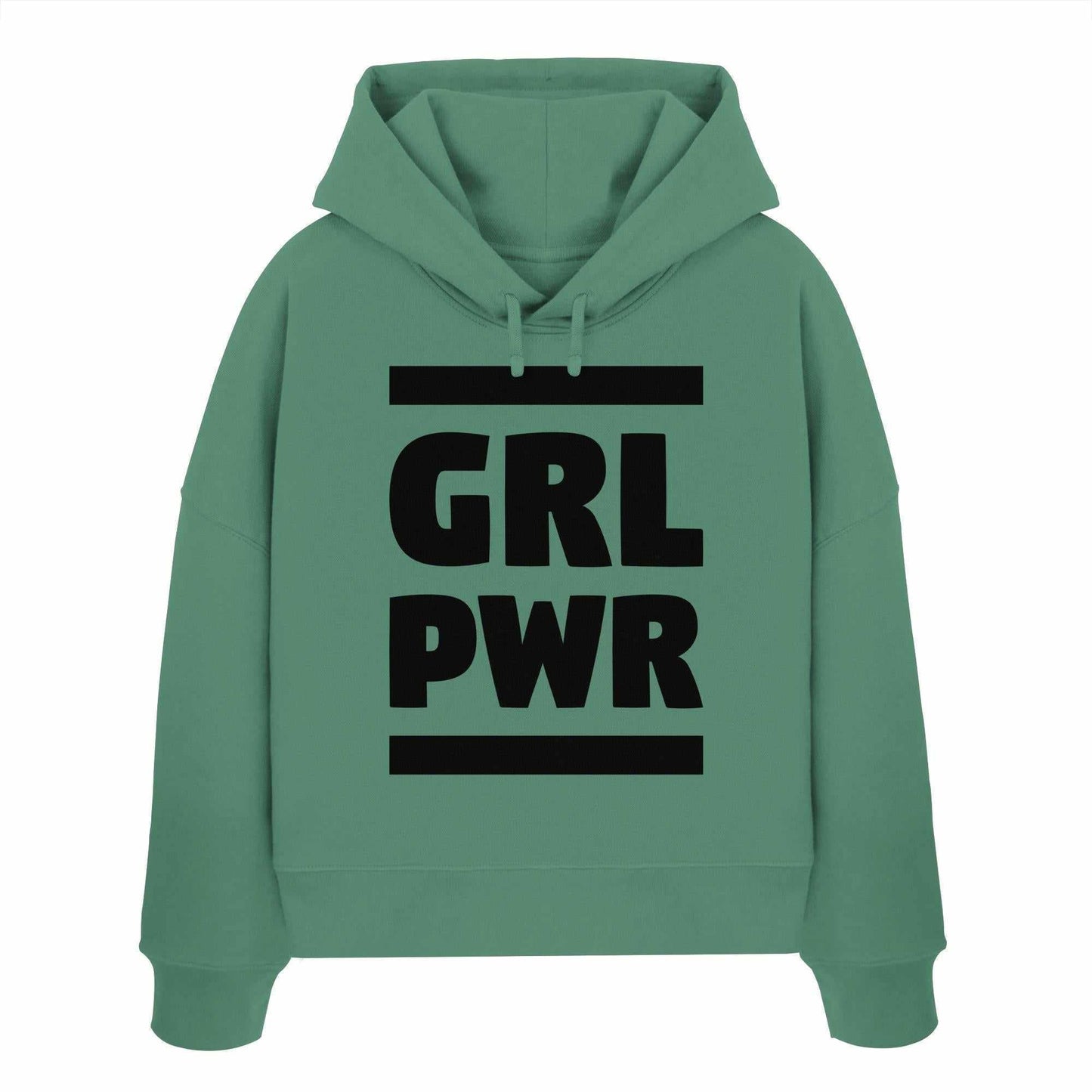 Vegan und Bio Crop Hoodie GIRL POWER mit feministischer Botschaft, grüne Kapuze, schwarze Schrift, 100% Bio-Baumwolle, hergestellt von RUDE REBEL.