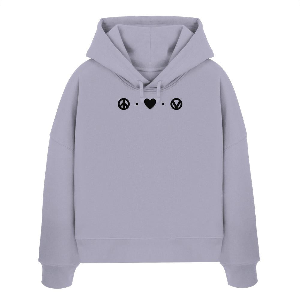 Vegan und Bio Crop Hoodie: Peace - Love - Veganism, grauer Sweatshirt mit Peace- und Herzsymbol, aus 100% Bio-Baumwolle, entspannter Casual-Look, doppellagige Kapuze.
