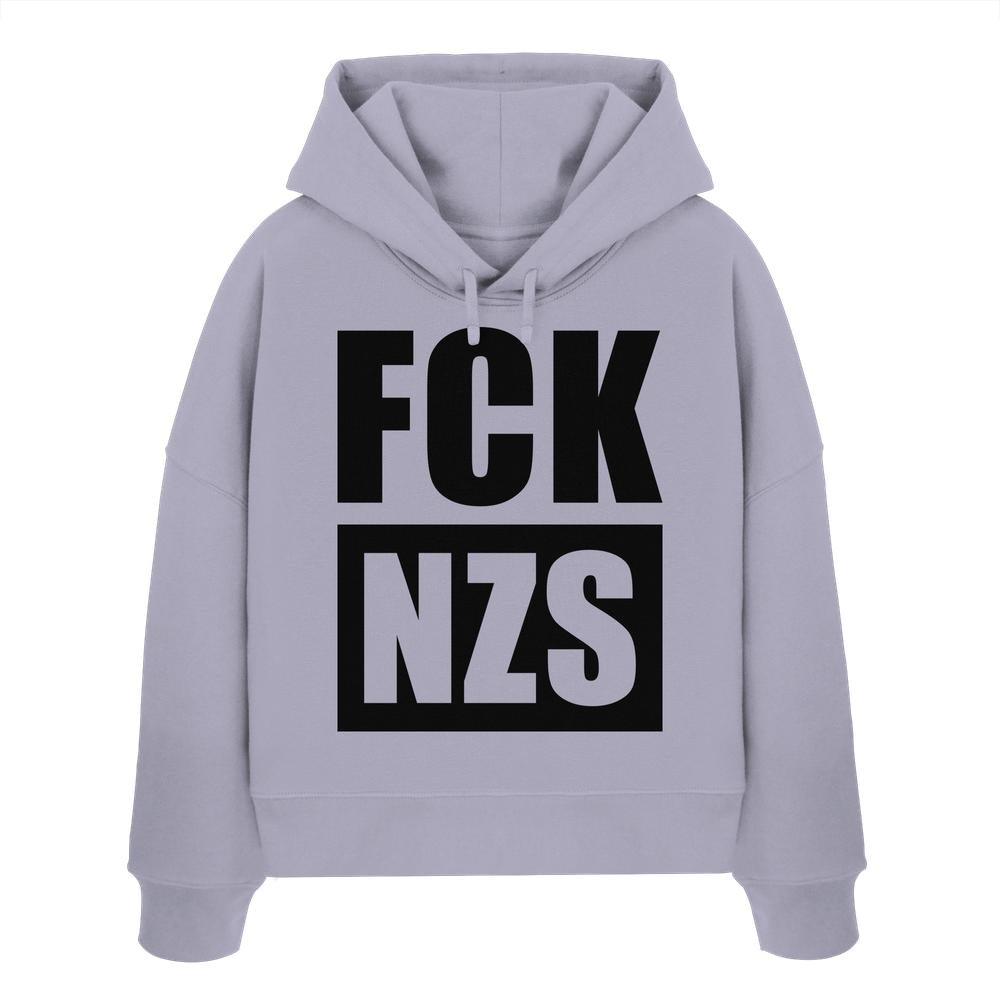 Vegan und Bio Crop Hoodie: FCK NZS, lavendelfarbener Kapuzenpullover mit schwarzem Anti-Nazi-Slogan, 100% Bio-Baumwolle, reguläre Passform, doppellagige Kapuze, flache Kordel.