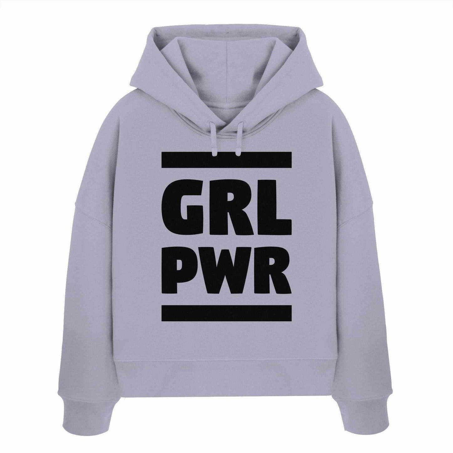 Vegan und Bio Crop Hoodie: GIRL POWER mit feministischer Botschaft, grauer Hoodie aus Bio-Baumwolle, doppellagige Kapuze, Regular Fit, abfallende Schultern, von RUDE REBEL.