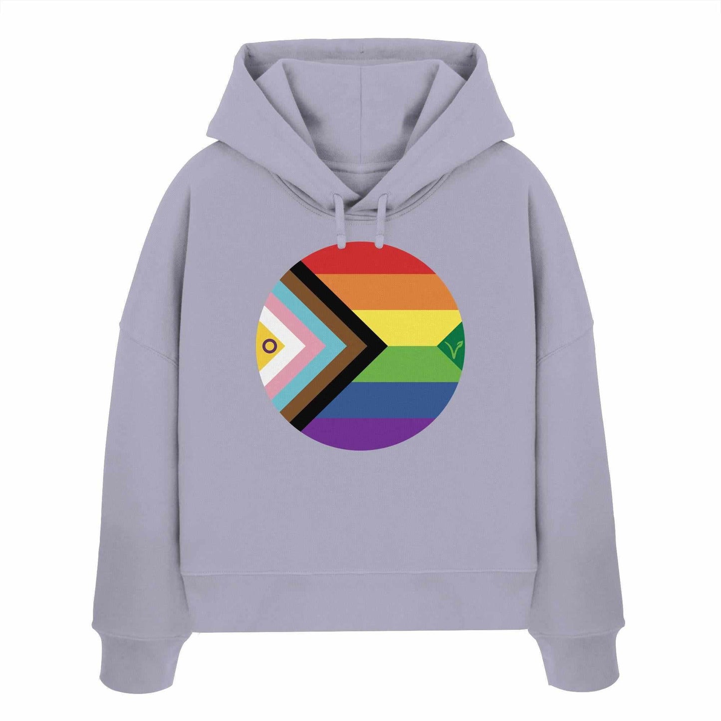 Vegan und Bio Crop Hoodie mit Regenbogenkreis und Fischmotiv, symbolisiert LGBTQAI+ und Veganismus, aus 100% Bio-Baumwolle, designt von RUDE REBEL.