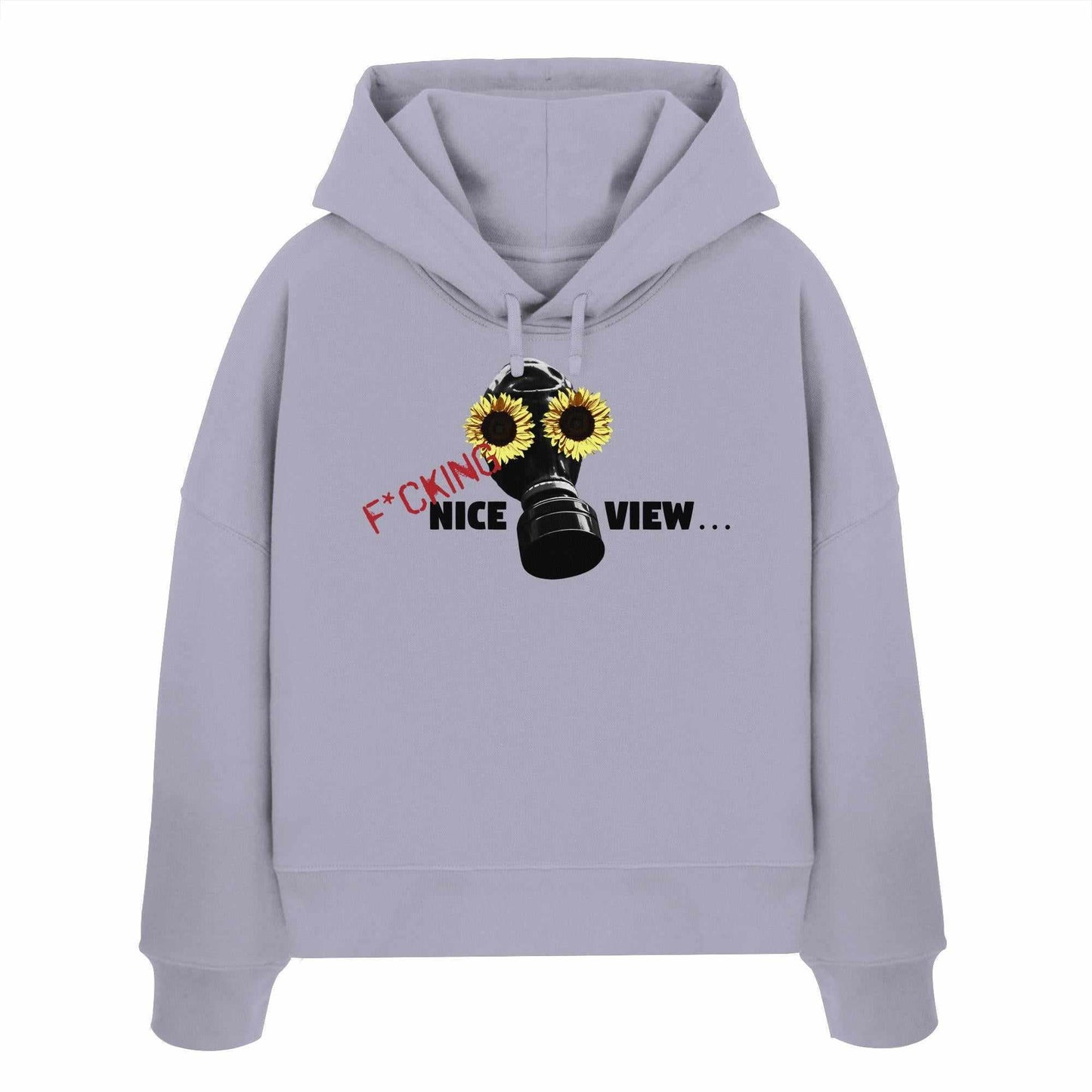 Vegan und Bio Crop Hoodie: Sunflower Mask - F*cking nice view... zeigt eine Gasmaske mit Sonnenblumenmotiv auf grauem Hoodie aus 100% Bio-Baumwolle.