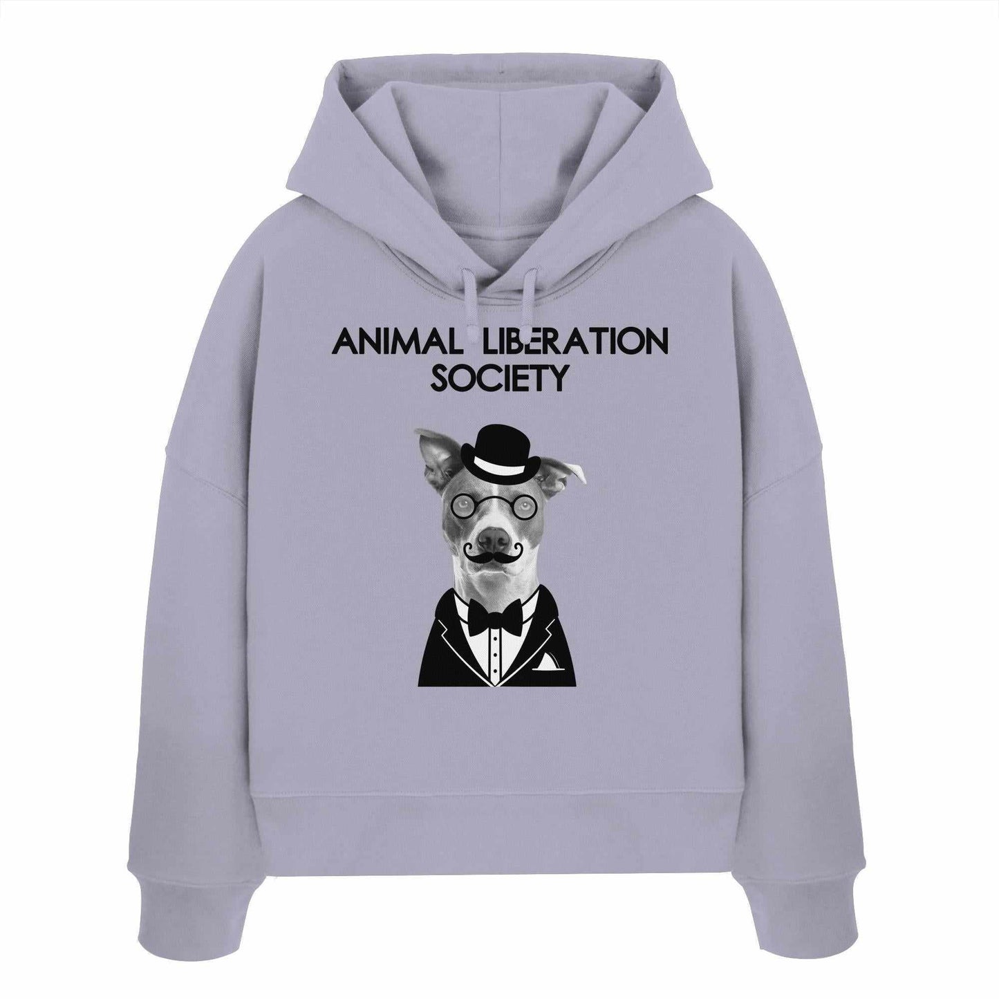 Vegan und Bio Crop Hoodie: Mr. Dog - Animal Liberation Society mit Hundemotiv, Brille, Hut, Schnurrbart, aus 100% Bio-Baumwolle, Regular Fit.