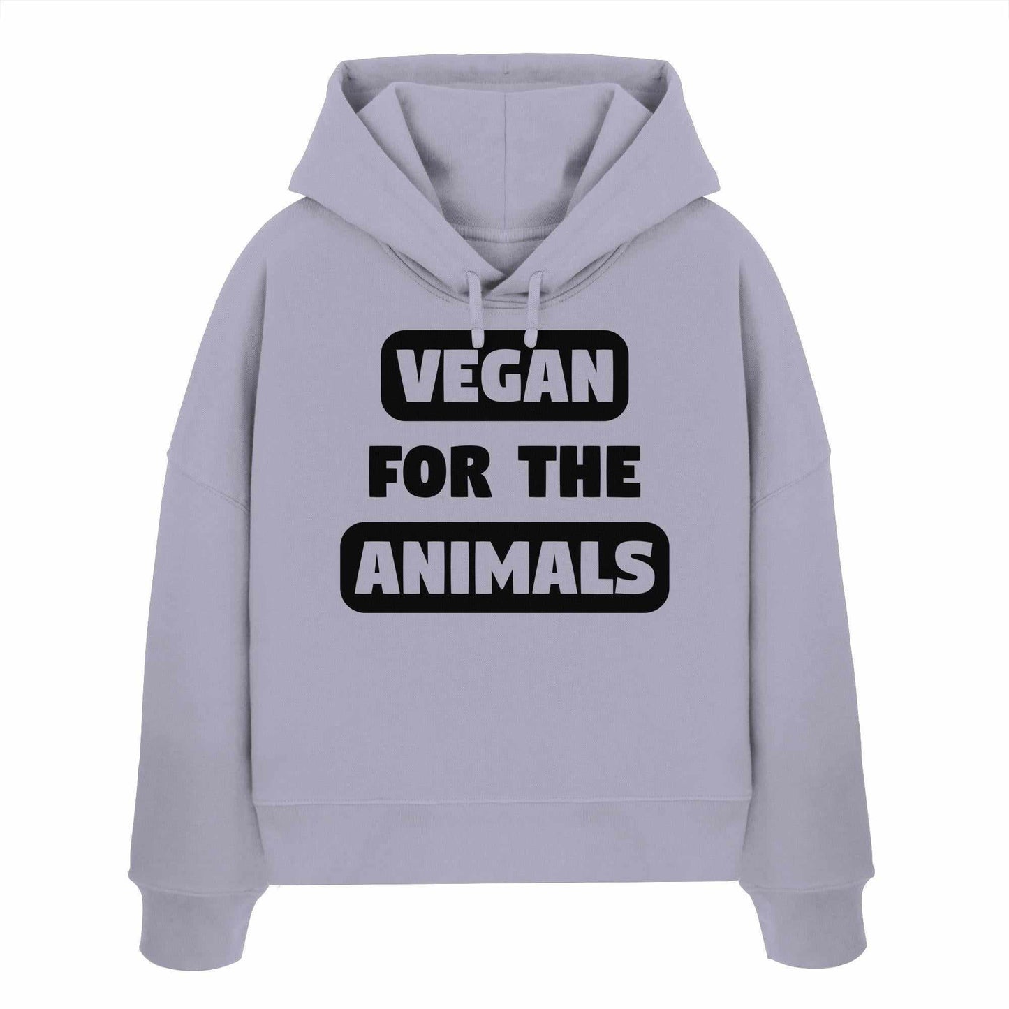 Vegan und Bio Crop Hoodie: VEGAN FOR THE ANIMALS, graues Sweatshirt mit schwarzem Text, doppellagige Kapuze, abfallende Schultern, Bio-Baumwolle, rebellisches Design.