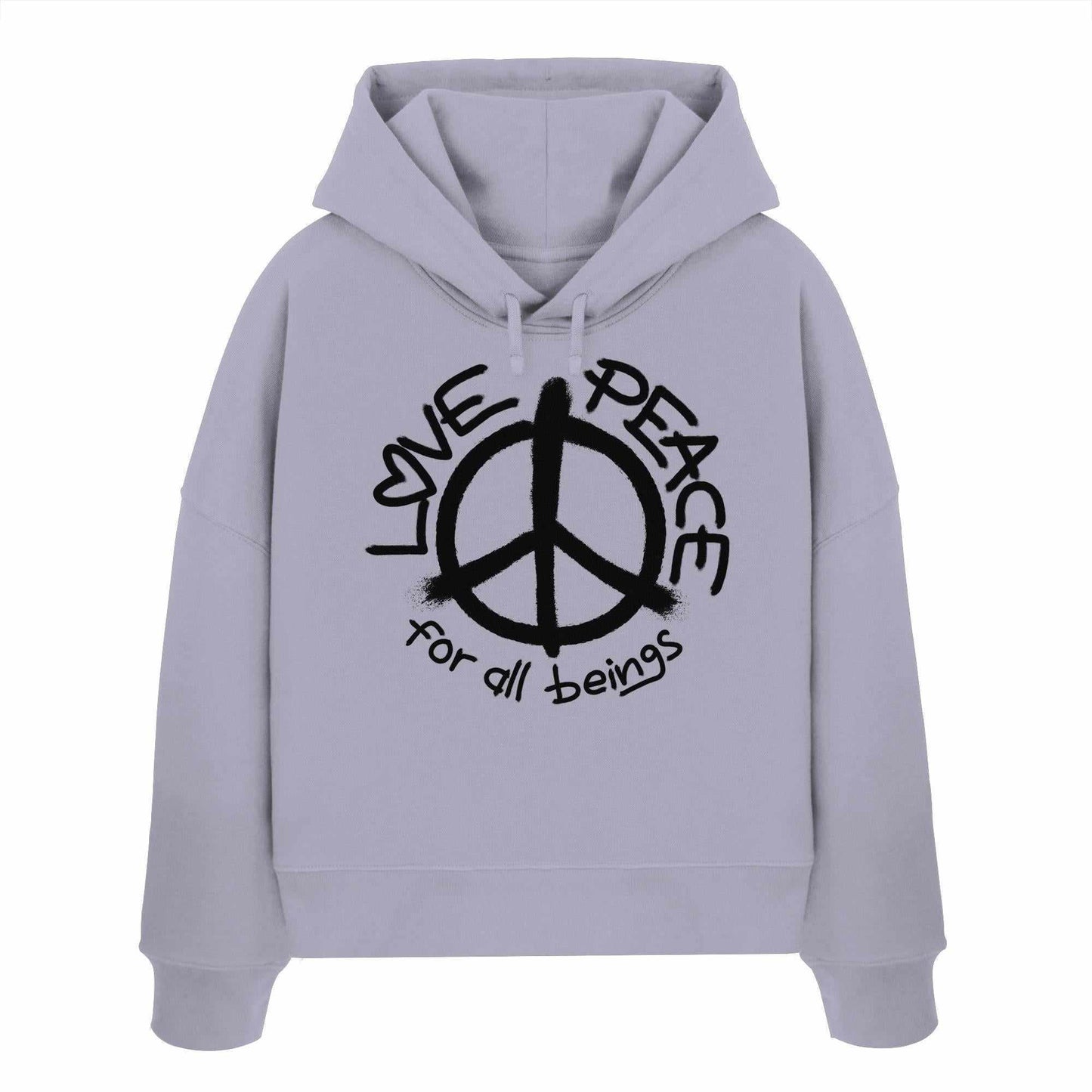 Vegan und Bio Crop Hoodie: LOVE and PEACE for all beings, graues Sweatshirt mit Friedenssymbol, aus 100% Bio-Baumwolle, doppellagige Kapuze, abfallende Schultern.