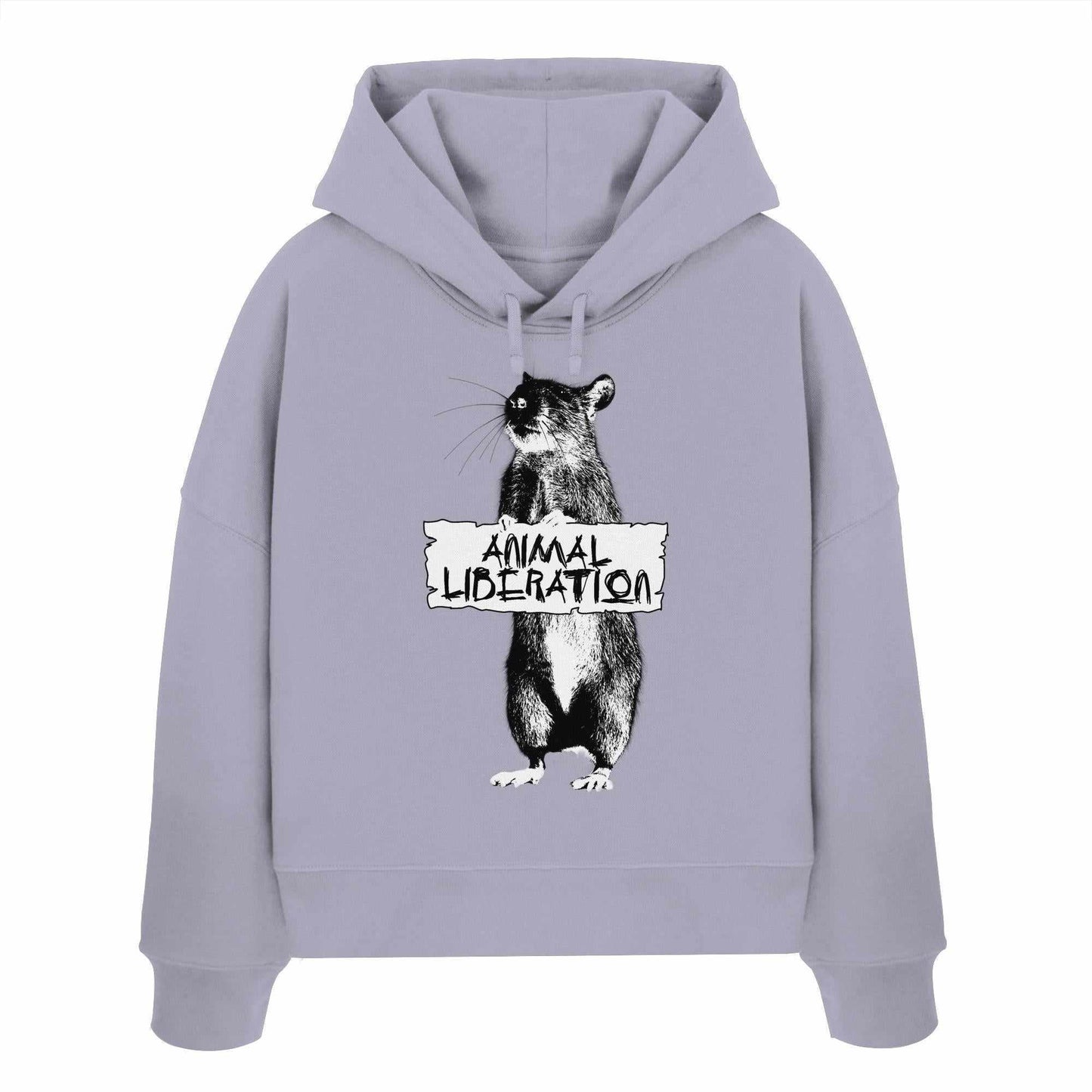 Vegan und Bio Crop Hoodie: Rat for Animal Liberation, graues Sweatshirt mit Rattenmotiv und Schild, inspiriert von Banksy's Street Art, aus 100% Bio-Baumwolle.