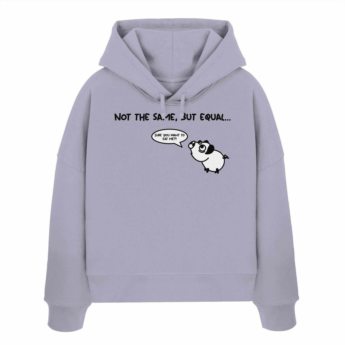 Vegan und Bio Crop Hoodie mit niedlichem Schwein und Cartoon-Panda, symbolisiert Gleichheit, aus 100% Bio-Baumwolle, Regular Fit, doppellagige Kapuze.