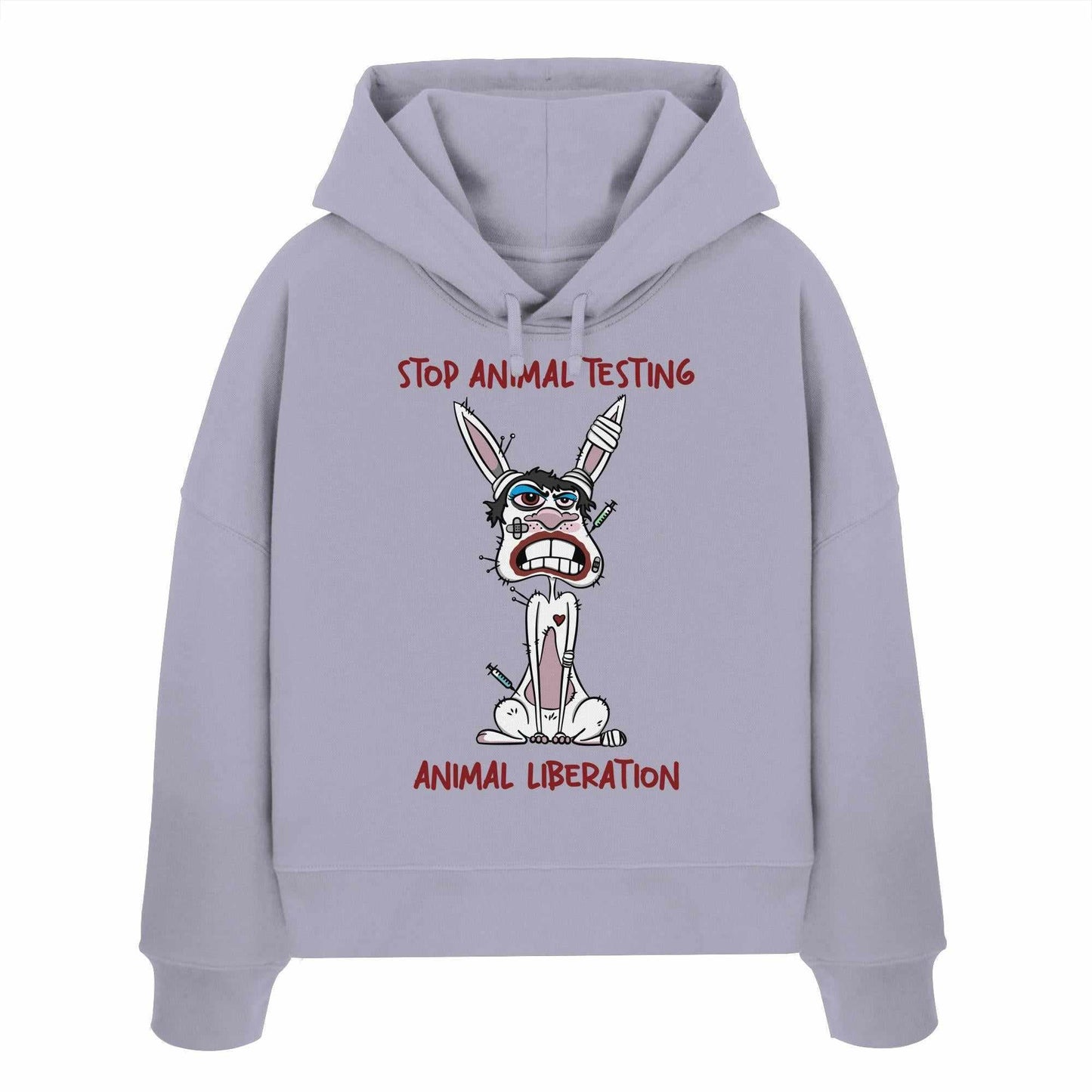 Veganer Bio-Hoodie mit Cartoon-Hase und Anti-Tierversuch-Botschaft, aus 100% Bio-Baumwolle, Regular Fit, abfallende Schultern, doppellagige Kapuze.