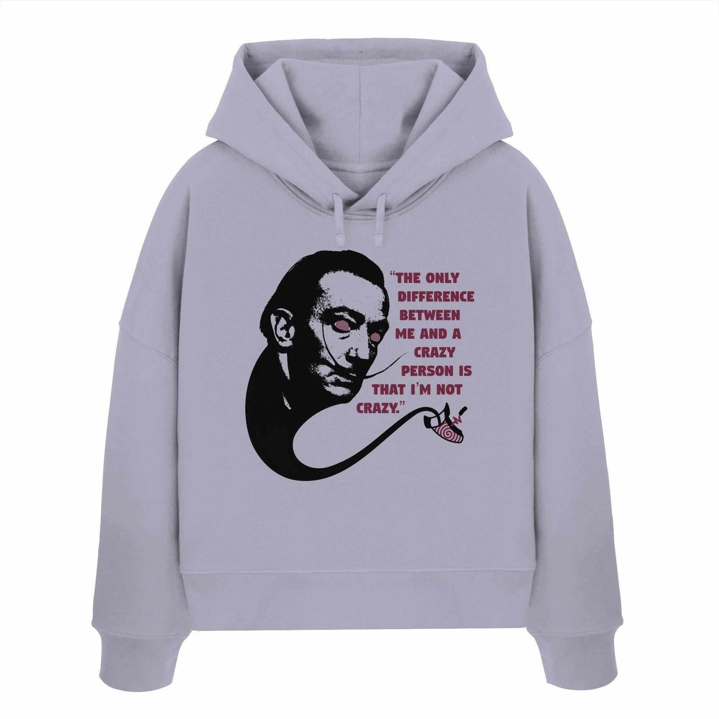 Vegan und Bio Crop Hoodie: Crazy Dali mit surrealem Print eines Mannes mit Schnurrbart und Pfeife, aus 100% Bio-Baumwolle, doppellagige Kapuze.