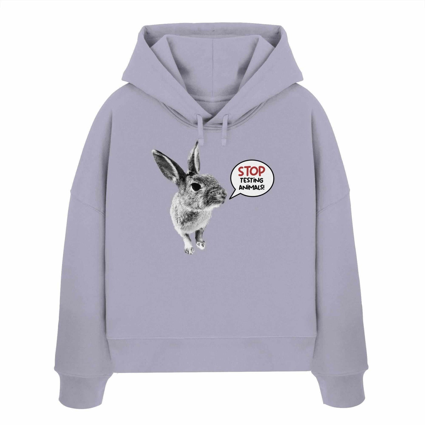 Vegan und Bio Crop Hoodie mit Häschen-Motiv und der Botschaft STOP ANIMAL TESTING, aus 100% Bio-Baumwolle, rebellisches Design von RUDE REBEL.