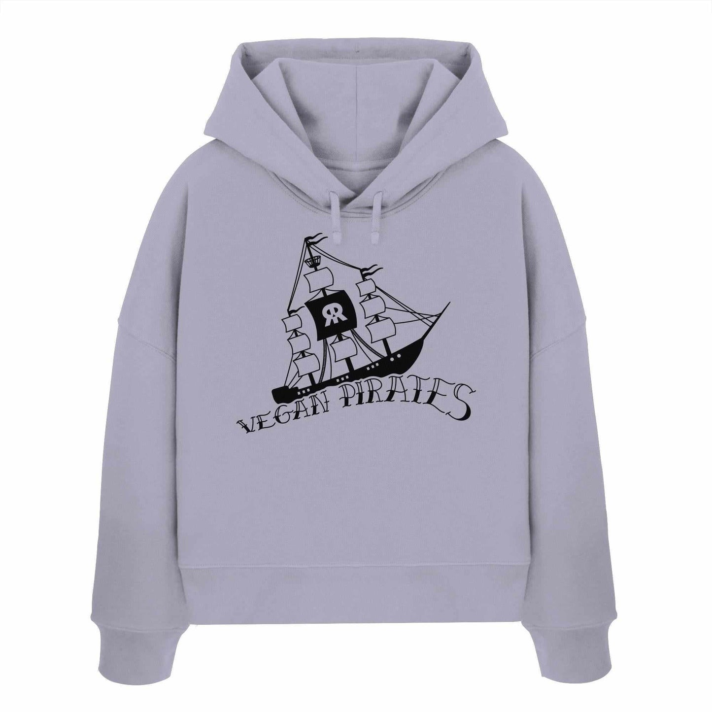 Vegan und Bio Crop Hoodie: Vegan Pirates, grauer Kapuzenpullover mit schwarzem Piratenschiff-Motiv, 100% Bio-Baumwolle, doppellagige Kapuze, reguläre Passform.