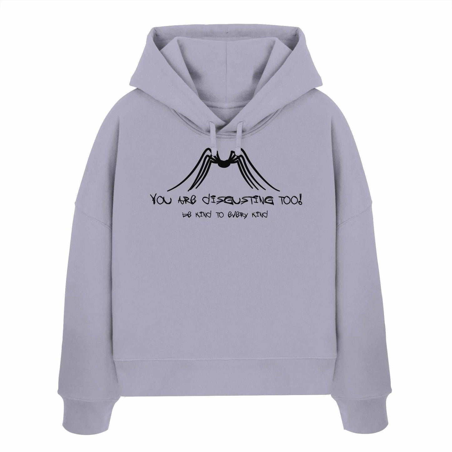 Vegan und Bio Crop Hoodie mit Spinnenmotiv, grauer Hoodie aus 100% Bio-Baumwolle, Regular Fit, doppellagige Kapuze, flache Kordel, ideal für nachhaltige Mode.
