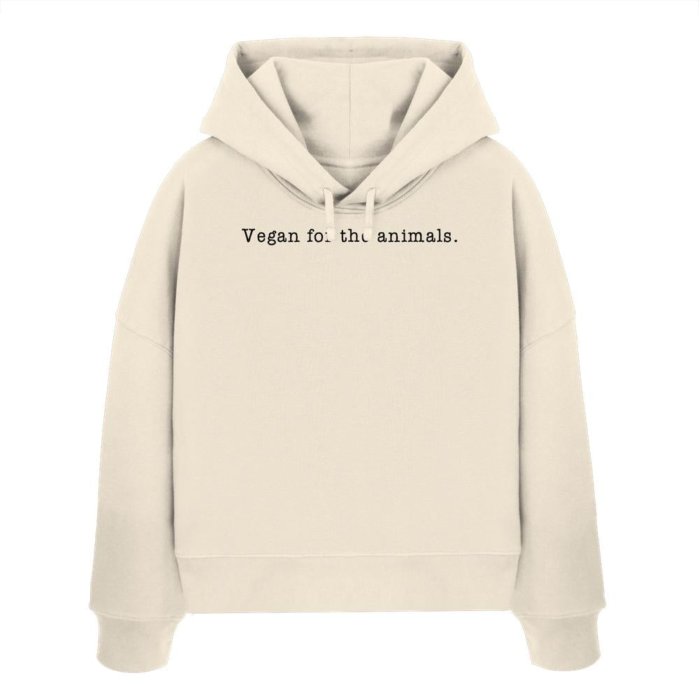 Minimalism Design - Vegan for the animals. - Damen Bio Boxcut Hoodie aus weißer Bio-Baumwolle mit schwarzem Text, doppellagiger Kapuze und flacher Kordel.