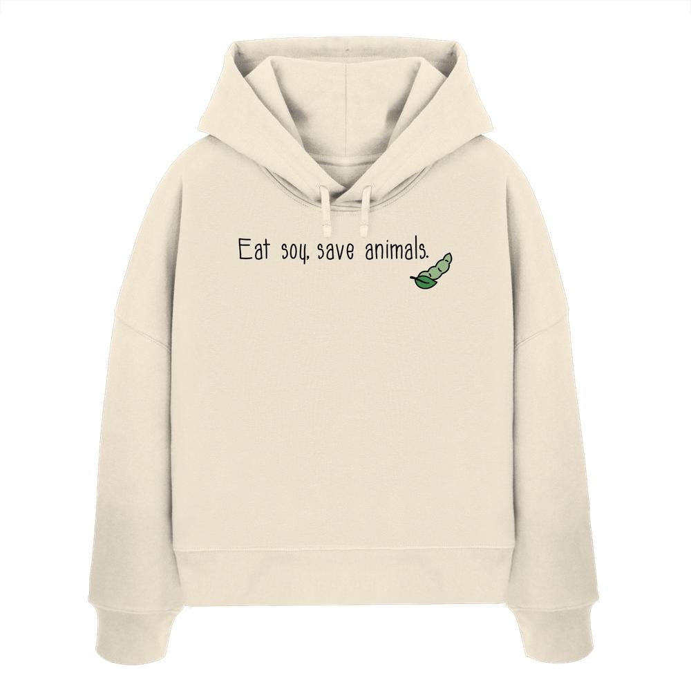 Vegan und Bio Crop Hoodie mit grünem Erbsenmotiv und Kapuze, aus 100% Bio-Baumwolle, Regular Fit, abfallende Schultern.