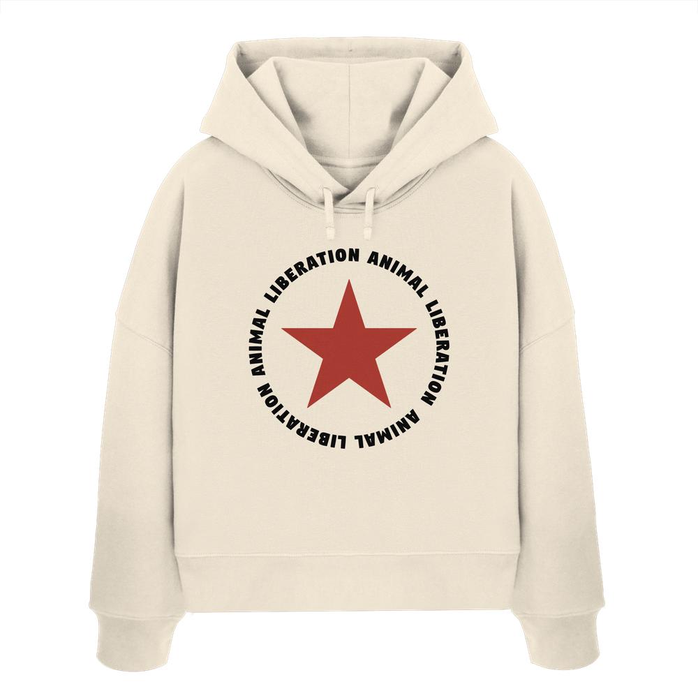 Vegan und Bio Crop Hoodie mit rotem Stern und Animal Liberation-Motiv, hergestellt aus 100% Bio-Baumwolle, mit doppellagiger Kapuze und regulärem Schnitt.