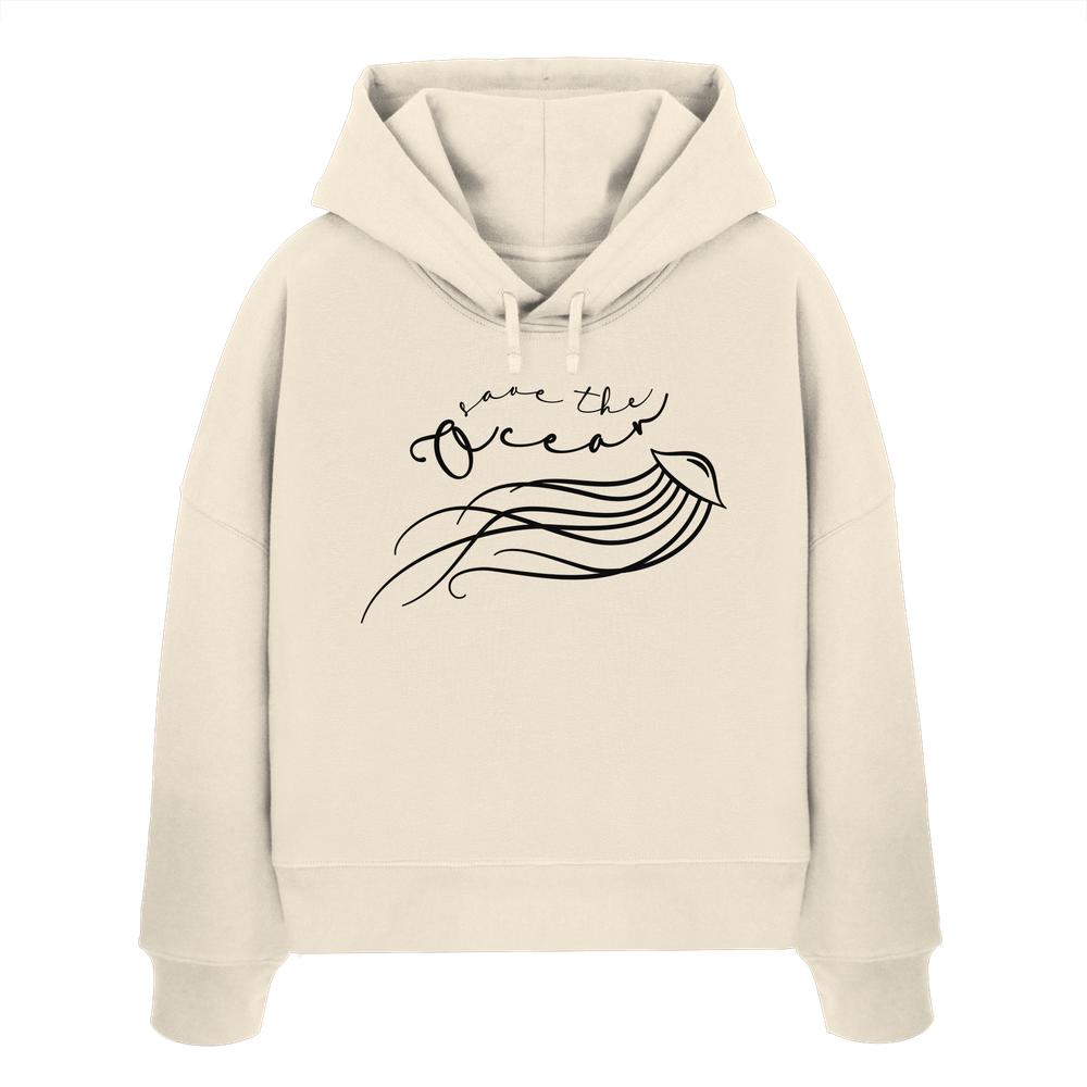Vegan und Bio Crop Hoodie: Jellyfish - Save the Ocean, zeigt eine filigrane Qualle mit Save the Ocean-Aufruf, auf nachhaltiger Bio-Baumwolle.