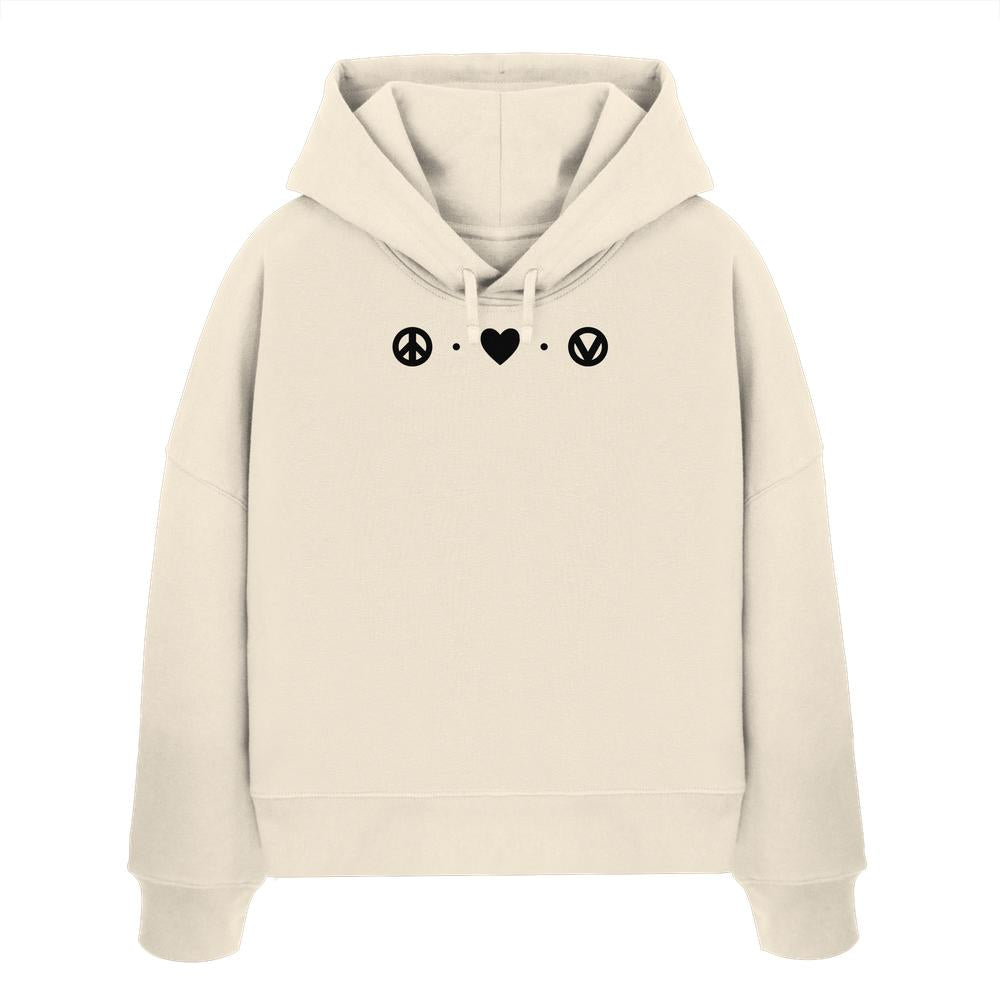 Vegan und Bio Crop Hoodie: Peace - Love - Veganism mit Peace-Symbol und Herz, aus 100% Bio-Baumwolle, reguläre Passform, doppellagige Kapuze.